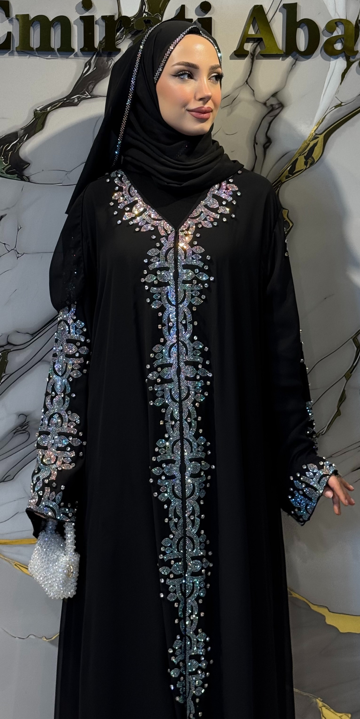 Stylish Black Chiffon Abaya with CanCan Stones on Front and Shoulder to Sleeves
