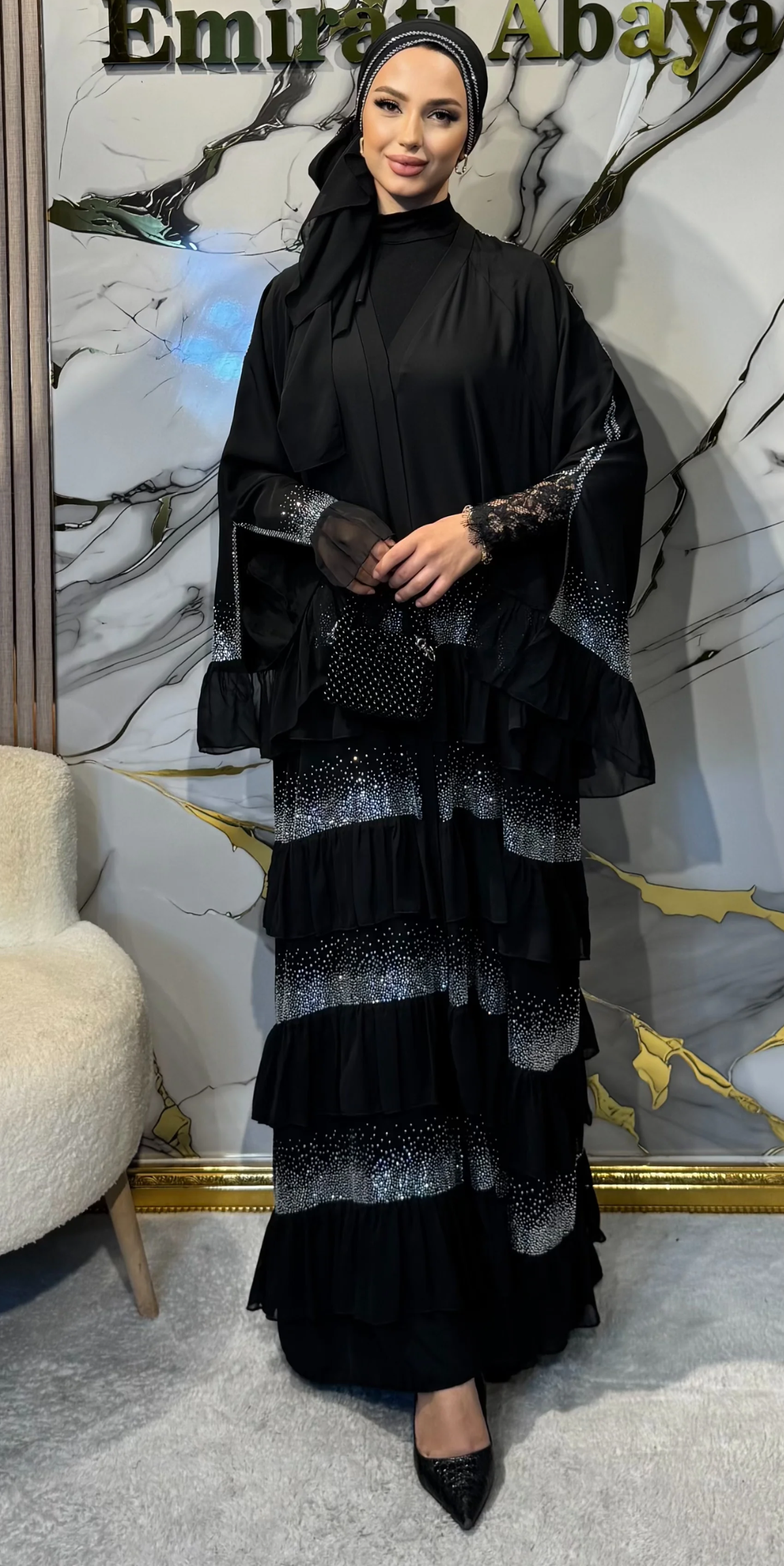 Dört Katlı Beyaz Taşlı Siyah Dubai Kumaş Takım | WS05 WSB