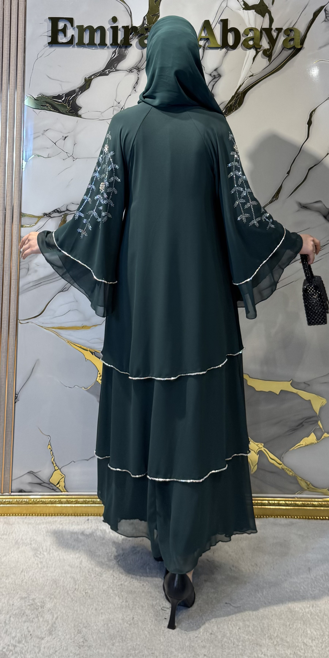Omuzları Swarovski Desenli Yeşil Abaya | RK011 BARBIE