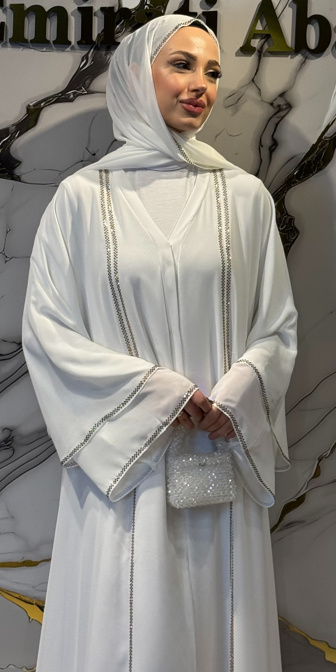 Önü Yırtmaçlı Taşlı Beyaz Şifon Abaya  Şal Dahil | TM06 WSW