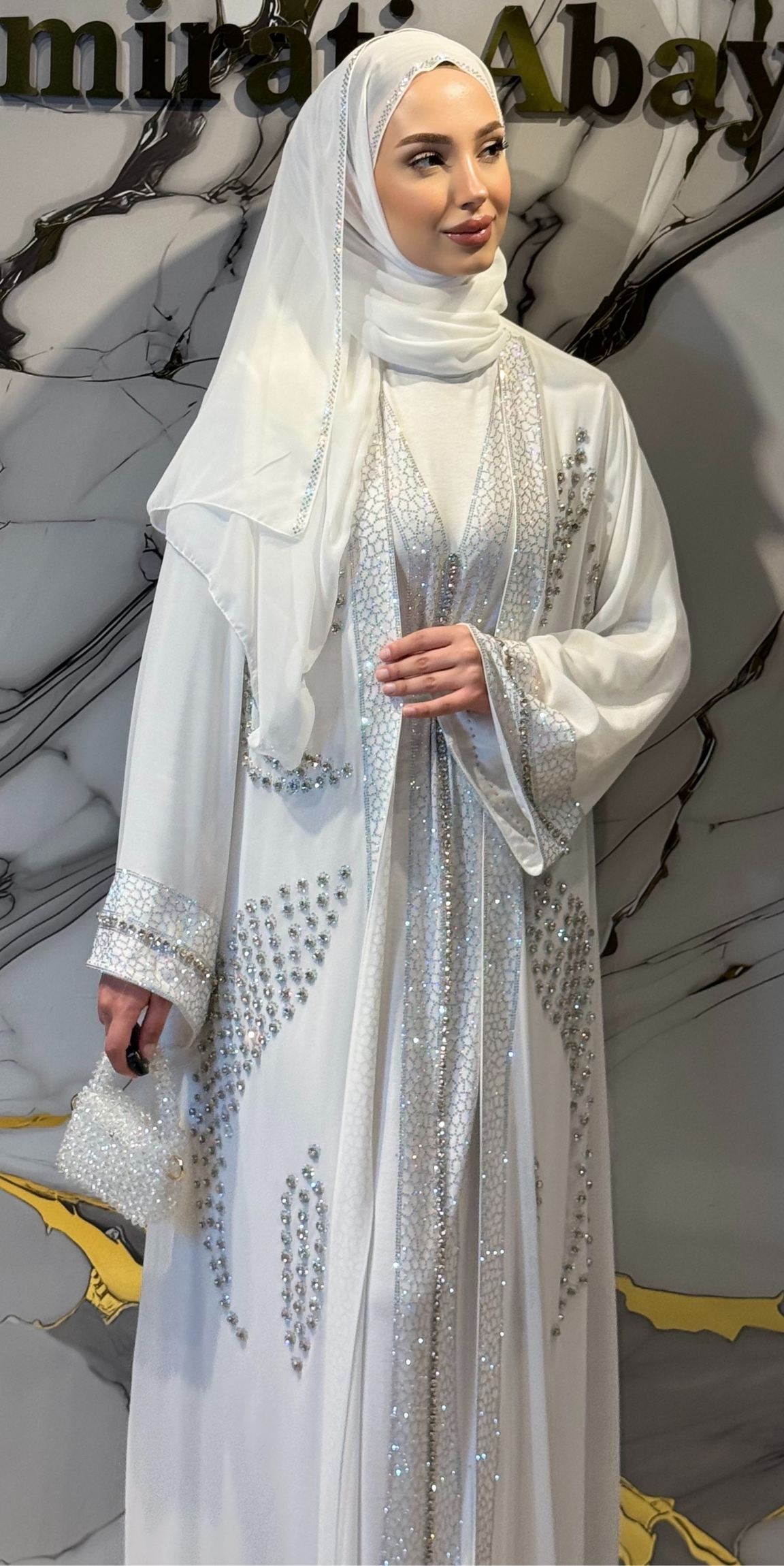 Traditional White Abaya Set with Crystal Embellishments WS31 - 4-Piece Set (Includes Undershirt, Shawl, and Belt)