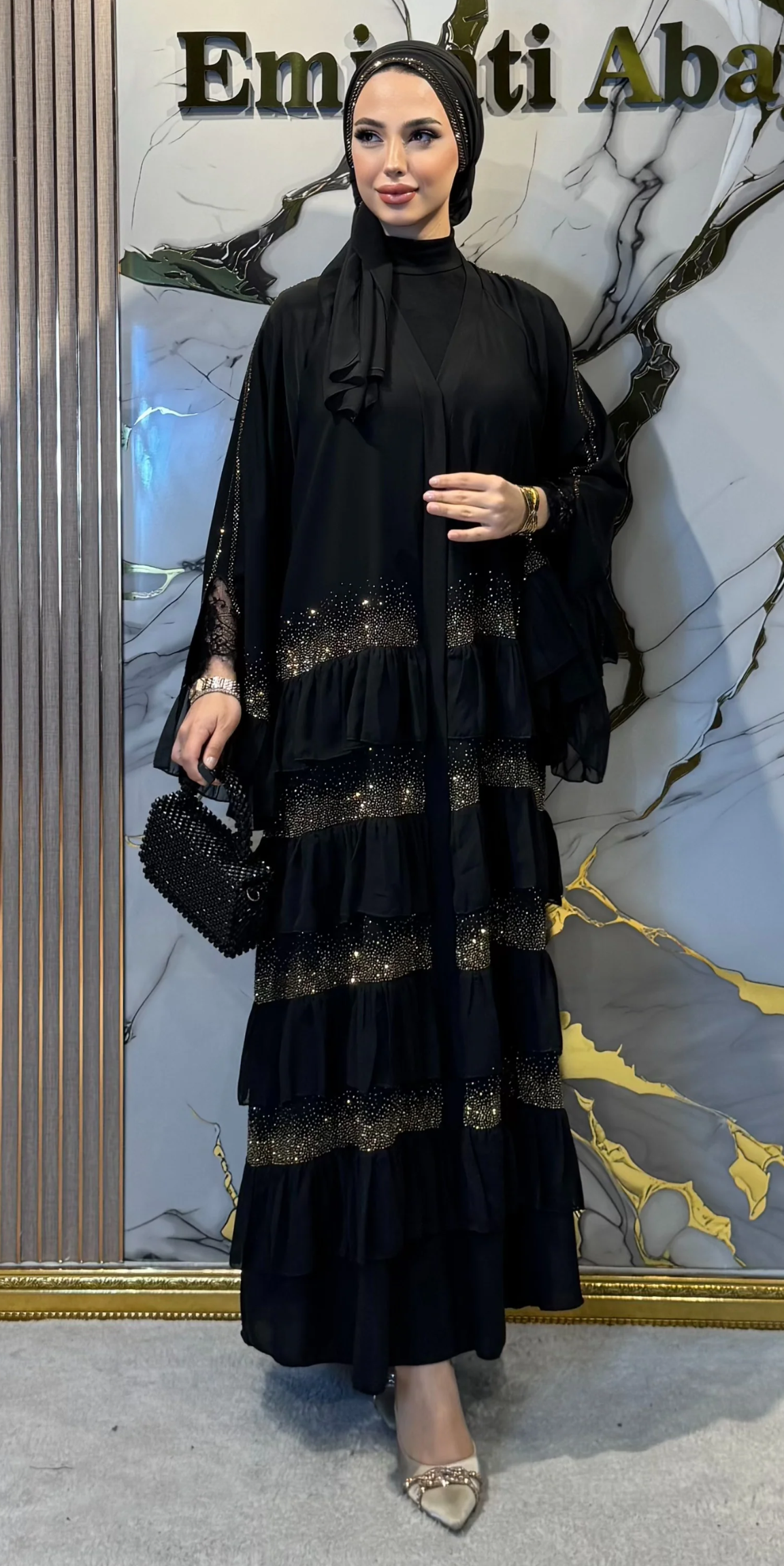 Gold Embellished Layered Dubai Abaya | WS05 GSB