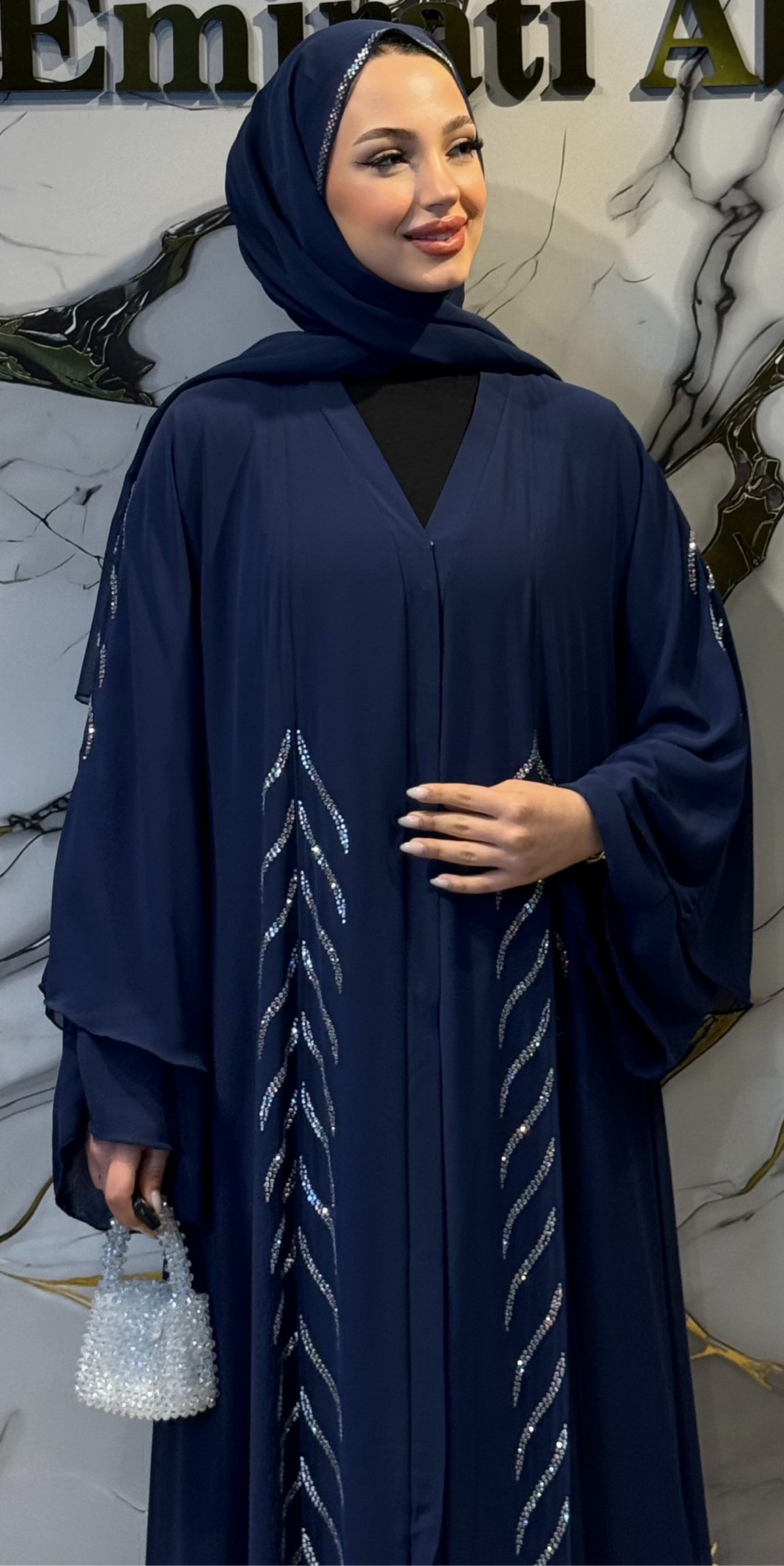 Elegant Navy Abaya with Pearl Stripe Detail | TM06 WSL TICK