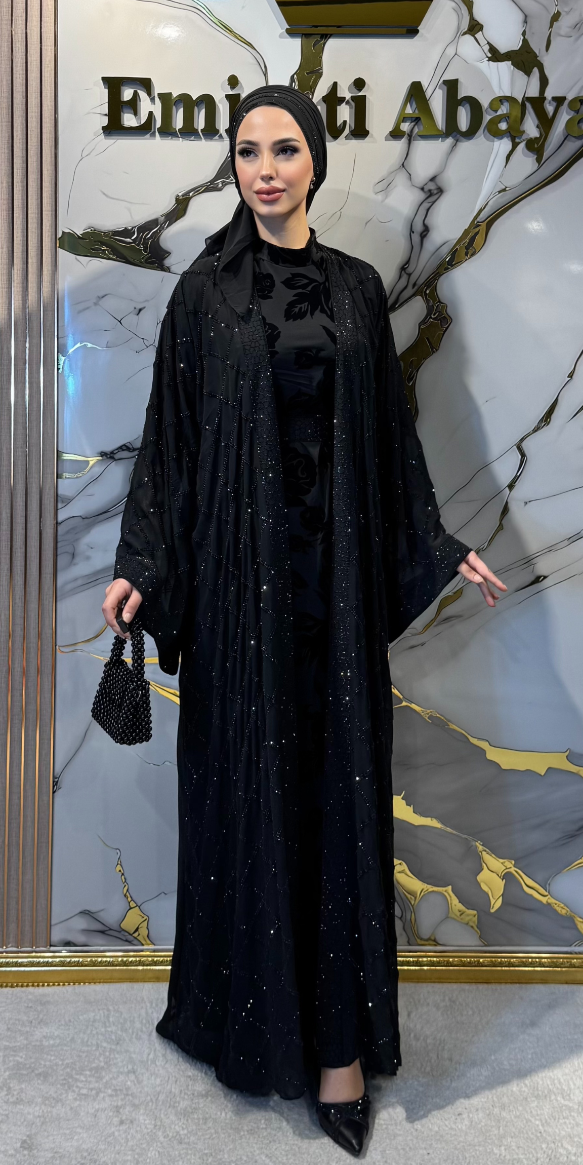 Emirati Swarovski Taşlı Siyah Kore Şifon Abaya LY33 BSB - 4 Parça Lüks Set (Şal, Kemer ve Flok İçlik Dahil)