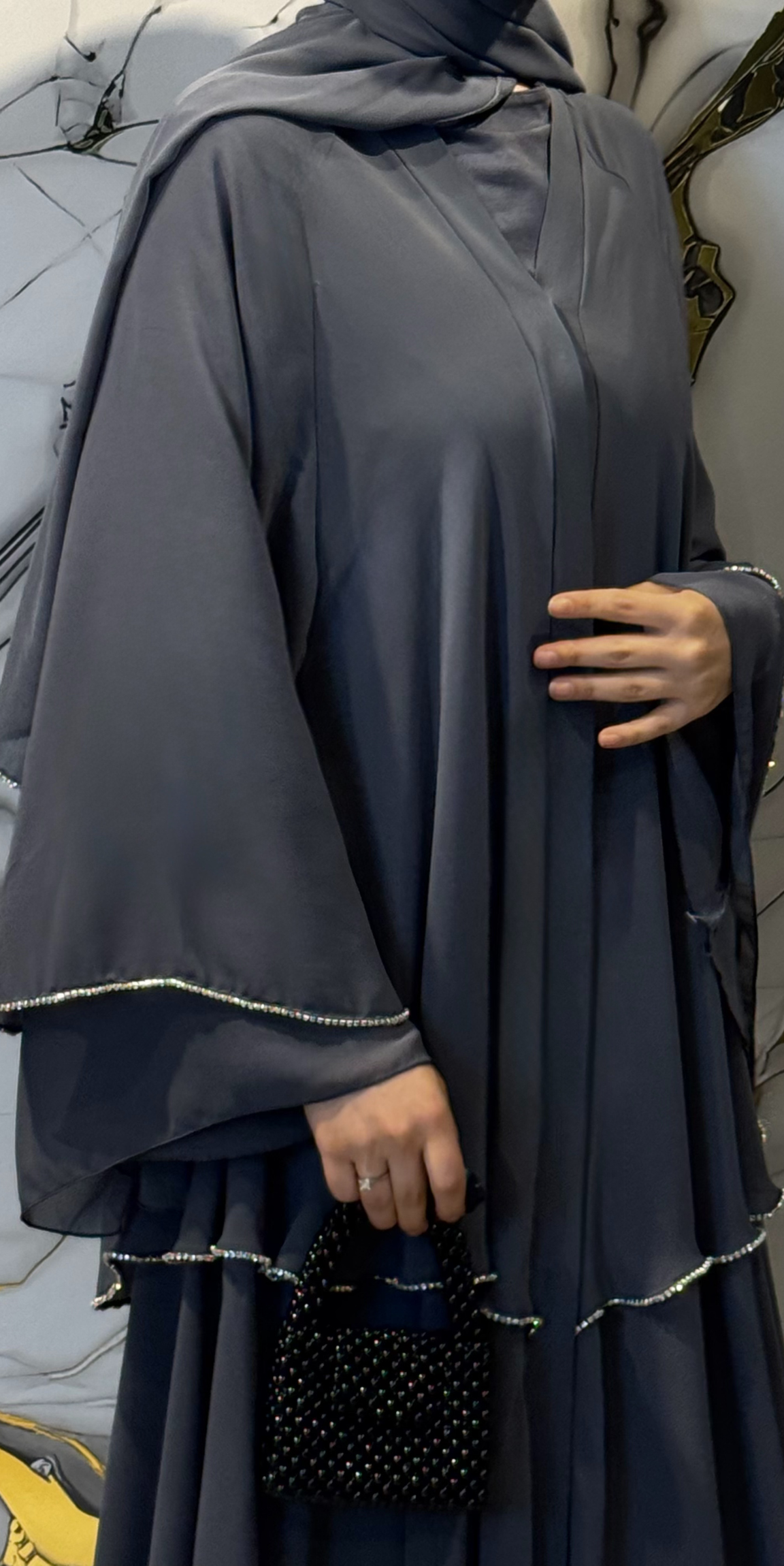 Üç Katlı Swarovski Taşlı Gri Abaya RK011 WSG - Katmanlı Zarif Model