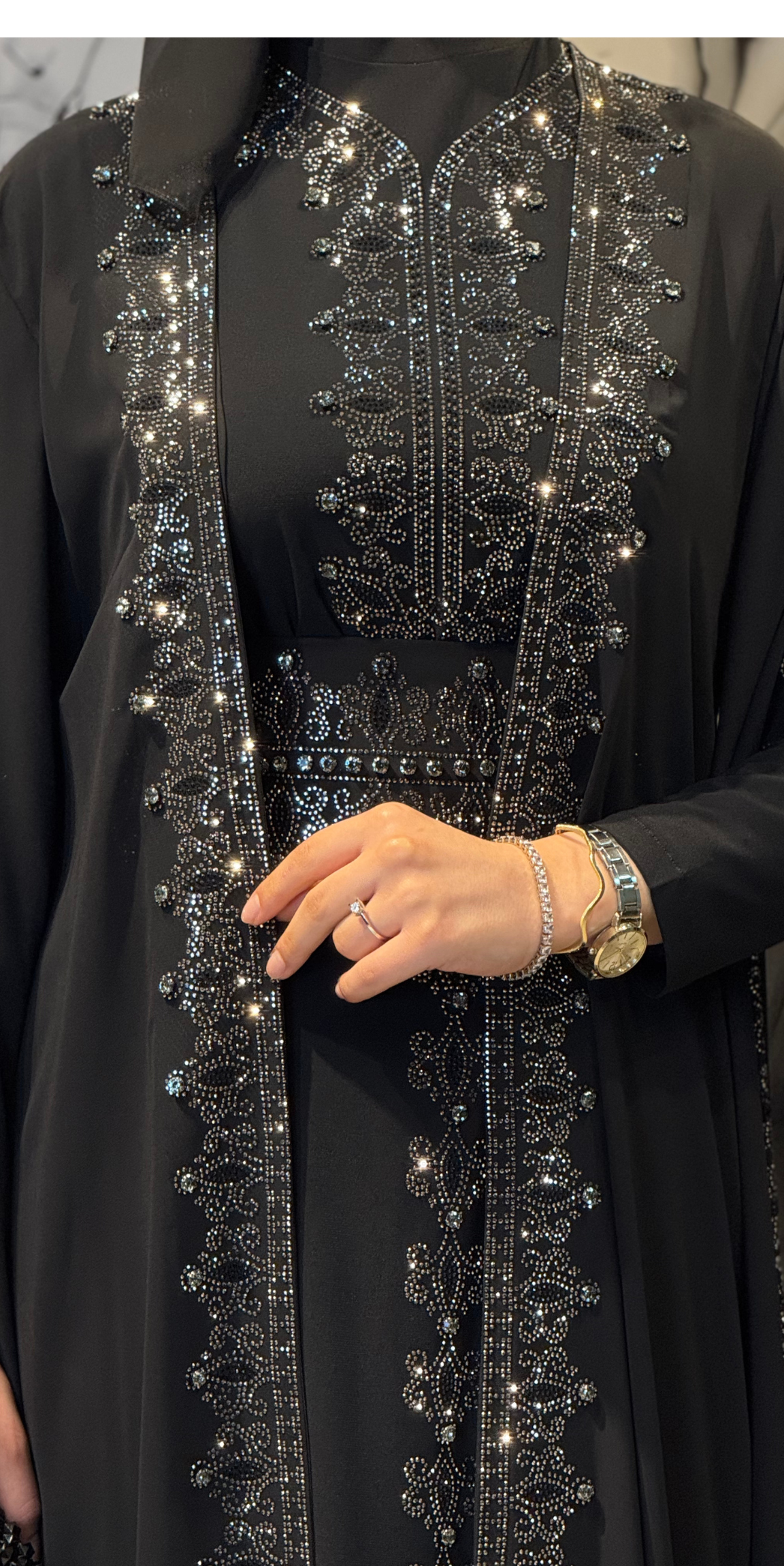 Hematit Taşlı Siyah Şifon Abaya Uzun Kollu 4 Parça Takım LY12 HSB