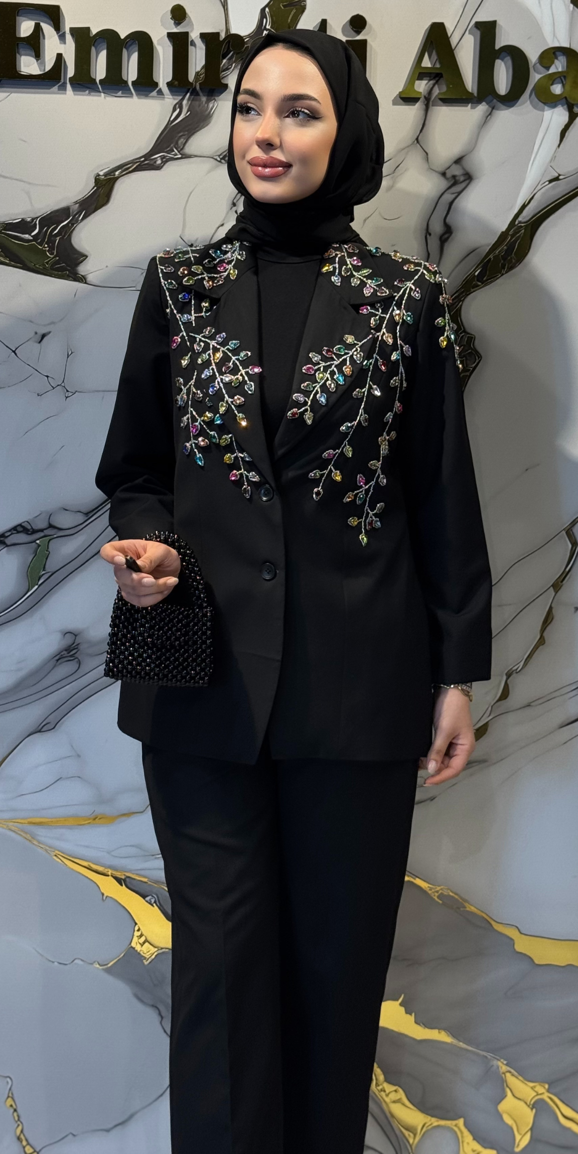 Lüks Karışık Renkli Taşlı El Yapımı Siyah Takım