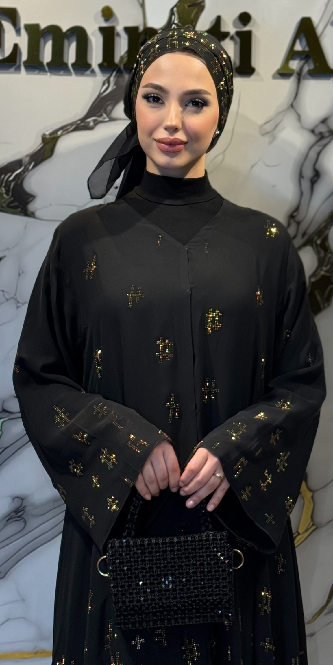 Luxury Gold Geometric Stone Detail Black Chiffon Abaya TM53 GSB