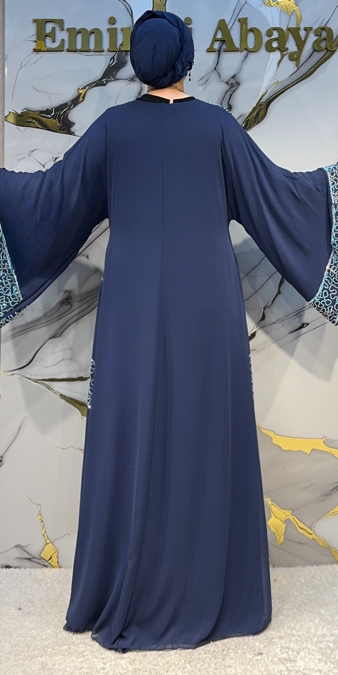 Janjanlı Panelli Lacivert Şifon Abaya | LY77 JSL