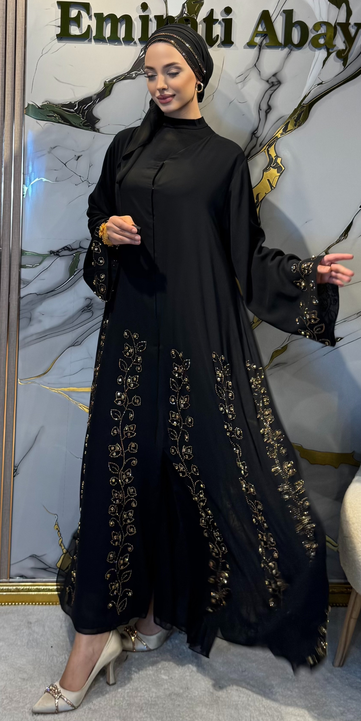 Lüks Altın Taşlı Siyah Şifon Abaya - Çiçek Desenli Özel Tasarım TM93 GSB