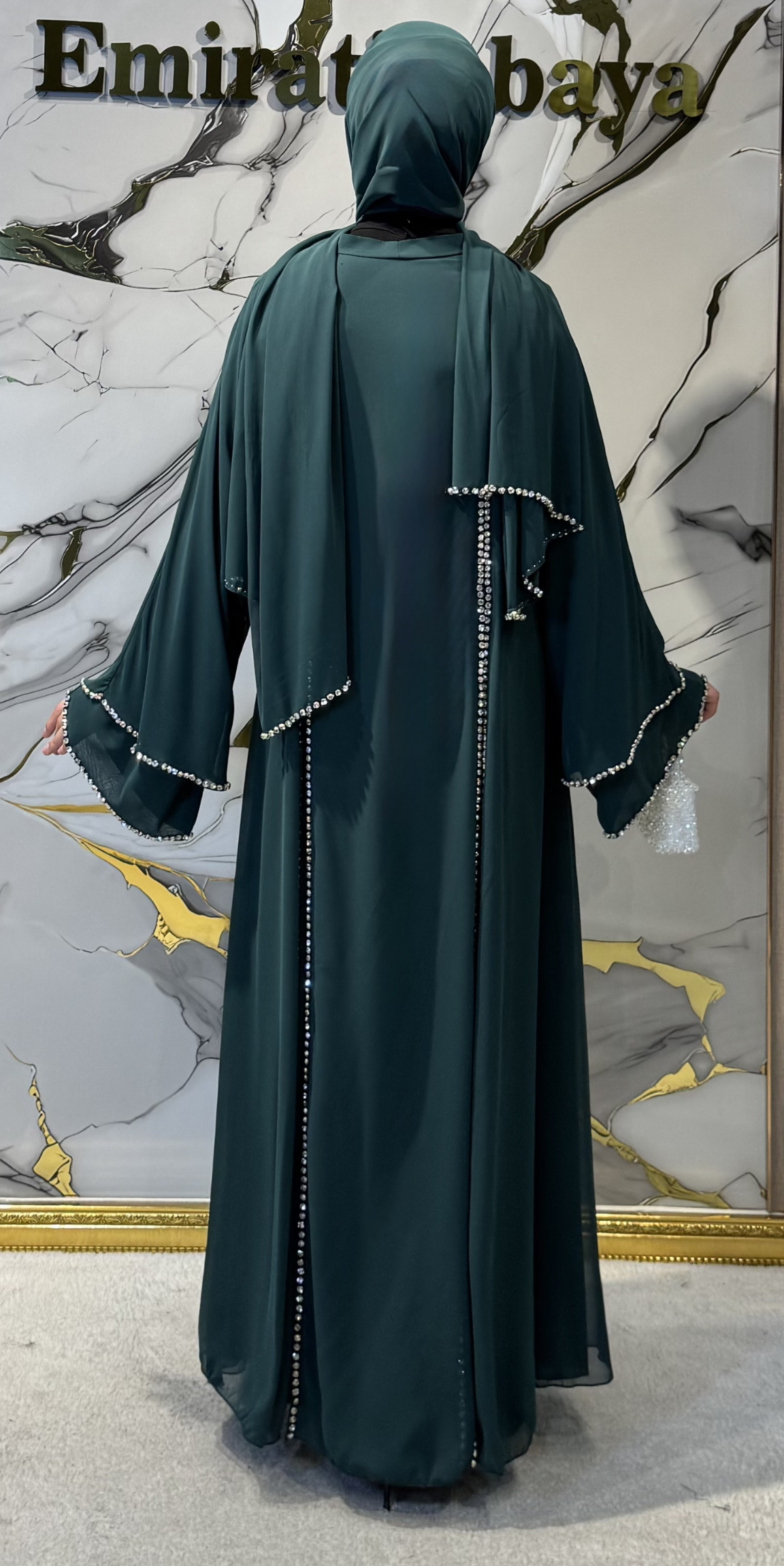 Önü Yırtmaçlı Beyaz Taşlı Şifon Yeşil Abaya - Zarif Lüks Model TM06 C WS GREEN