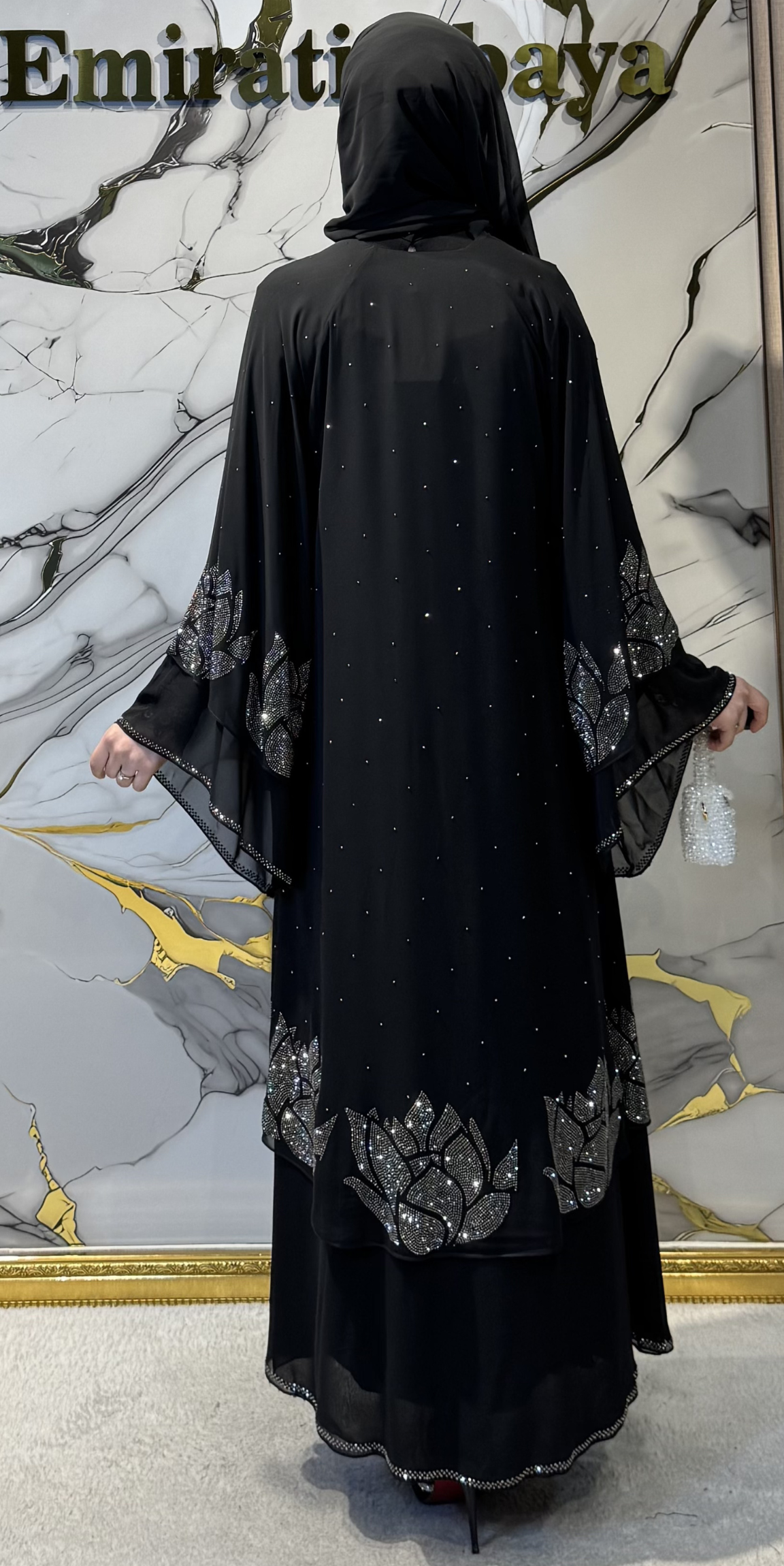 Hematit Taşlı Çiçek Motifli Siyah 2 Katlı Şifon Abaya | LY25 HSB