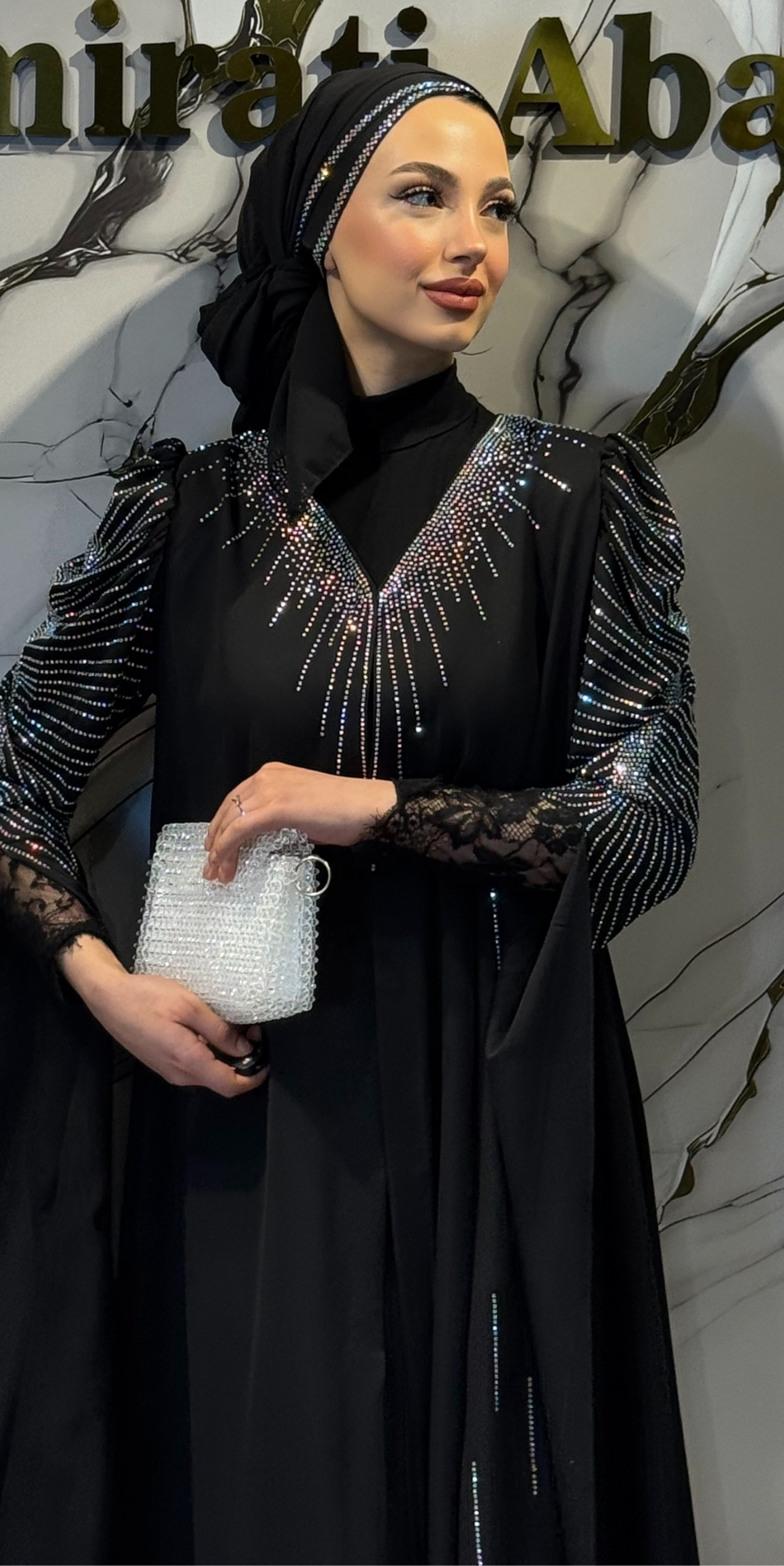 Janjan Stone Embellished Black Abaya - Long Sleeved Shimmering TM82 JSDB