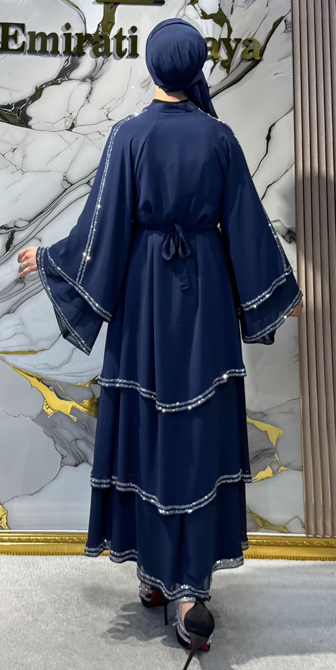 Lüks Gümüş Taşlı 3 Katlı Lacivert Şifon Abaya | TM44 WSMAVI