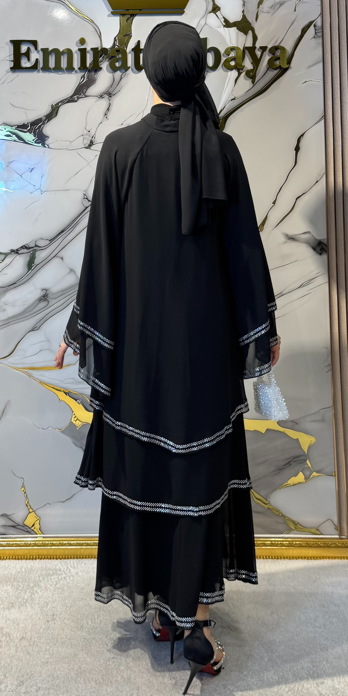 Three-Layer Black and White Embellished Chiffon Abaya - Belt and Shawl Included | TM44 WSB
