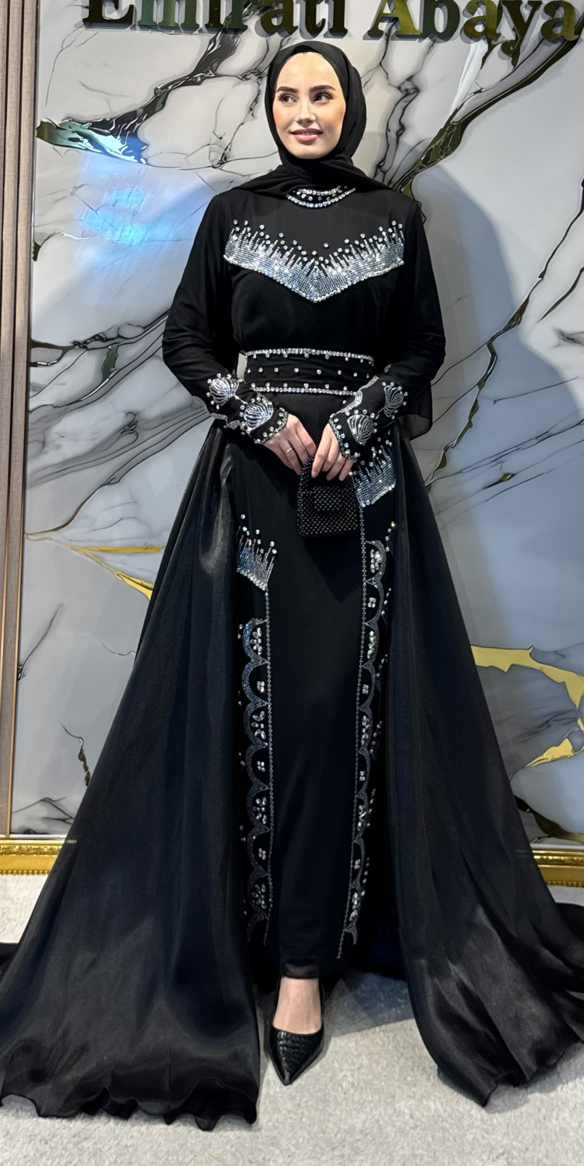 Black Chiffon Wedding Abaya with White Stone Embellishments - Elegant Lace Detail Model WS16