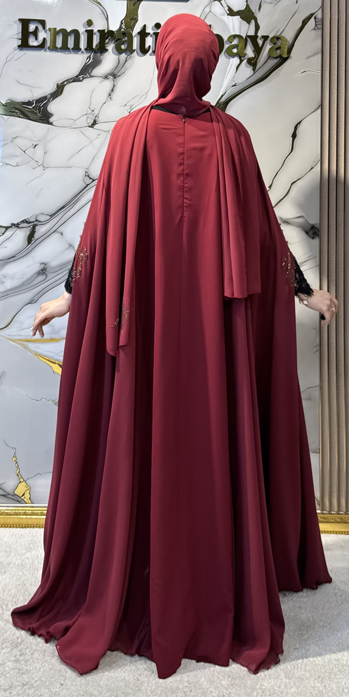 Taşlı Çiçek Desenli Bordo Kaftan - Zarif Şık Model WS02 BORDO