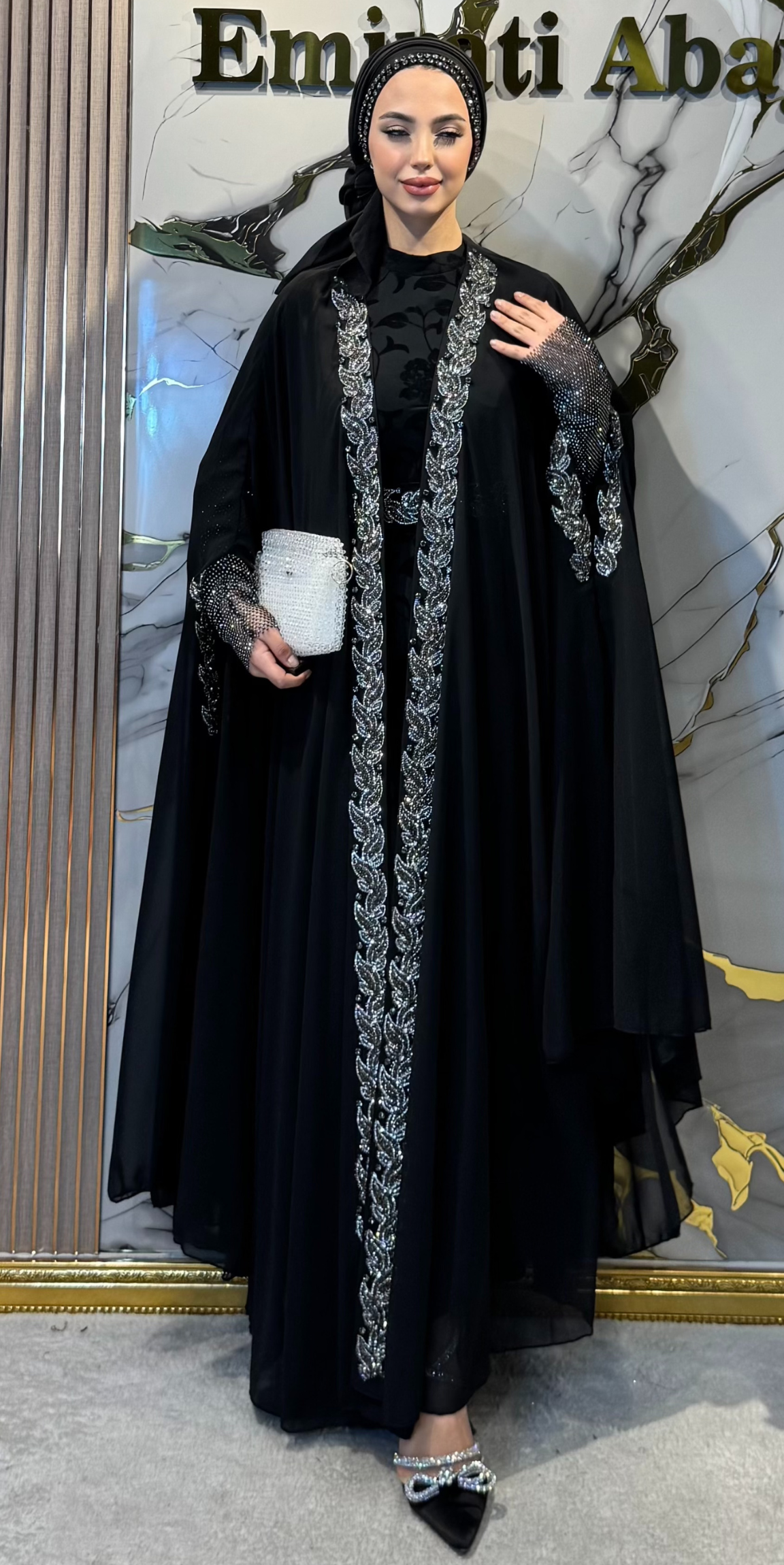 Dubai Stil Hematit Taşlı Siyah Kore Şifon Abaya LY42 HSB - 4 Parça Lüks Set (Şal, Kemer ve Flok İçlik Dahil)