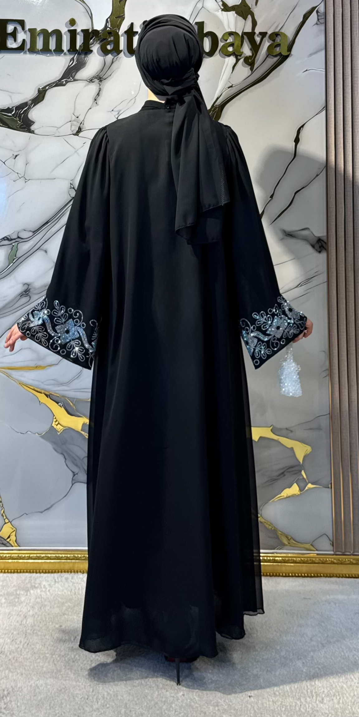 JanJan Embellished Flower Patterned Black Chiffon Abaya Scarf Included | TM70 JSB