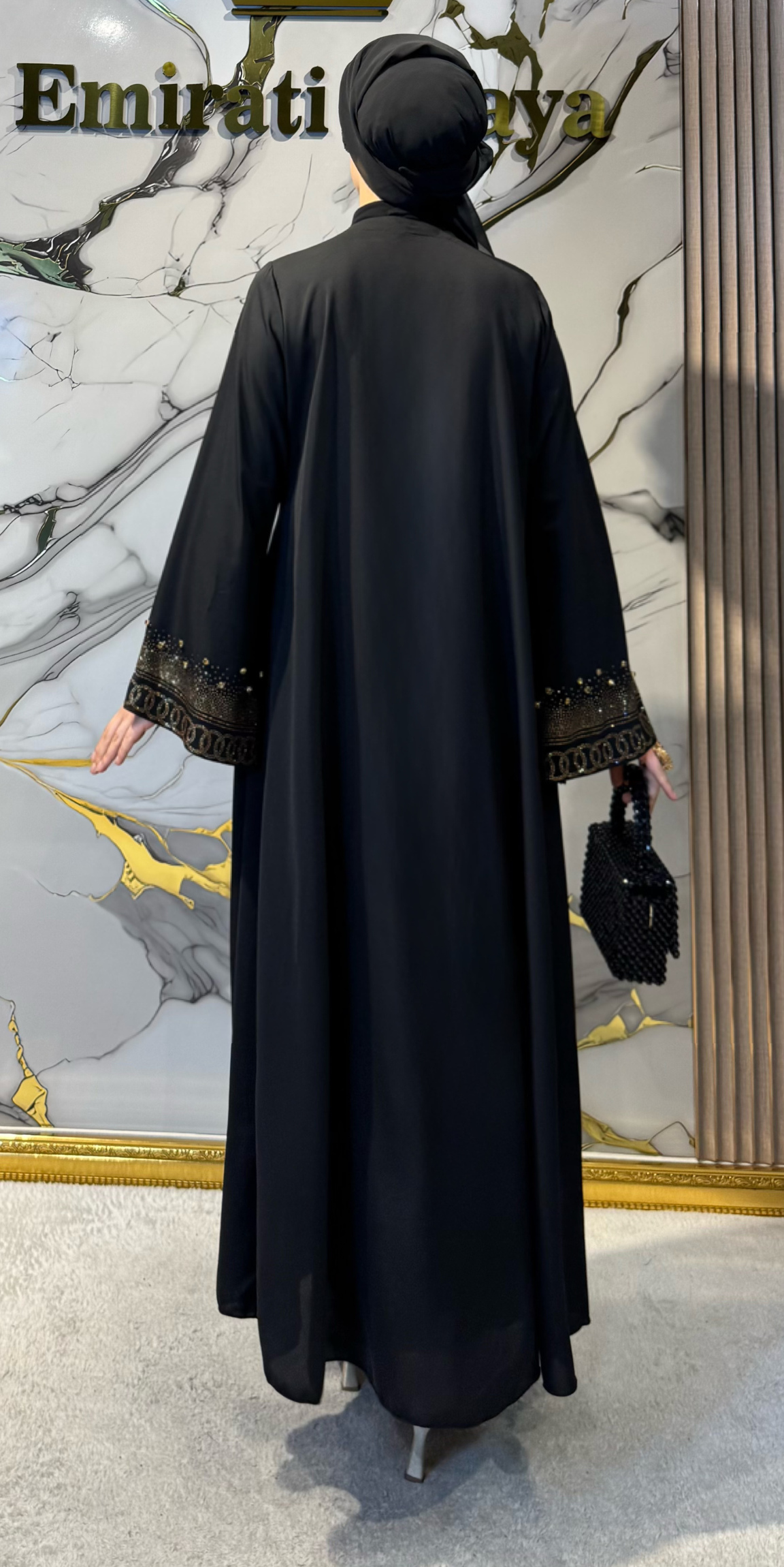 Black Abaya with Gold Stone Embellishment on the Front TM81 GSDB
