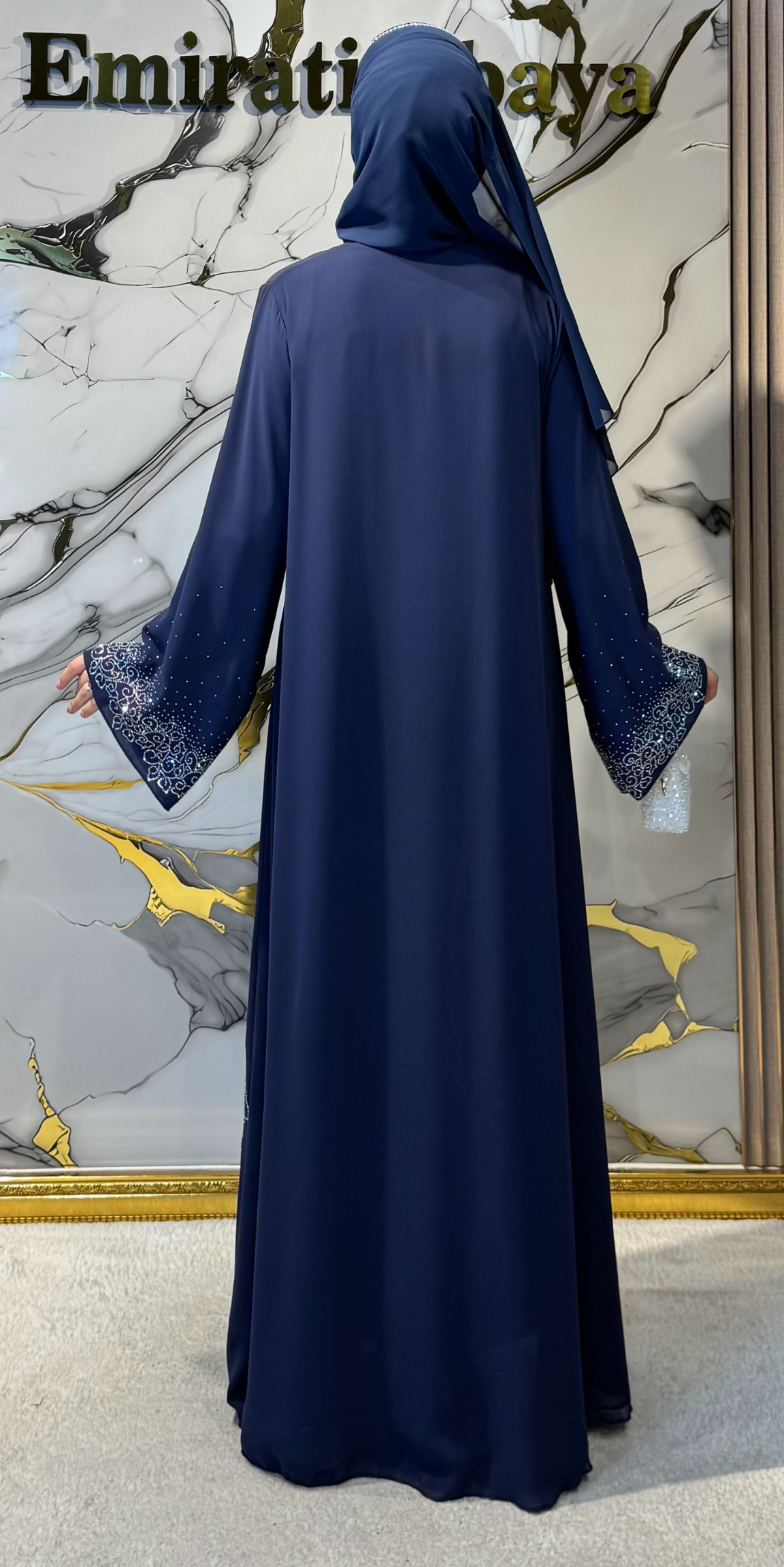 Etek JanJan Taşlı Desenli Lacivert Abaya | Şal Dahil | TM071 JS MAVI