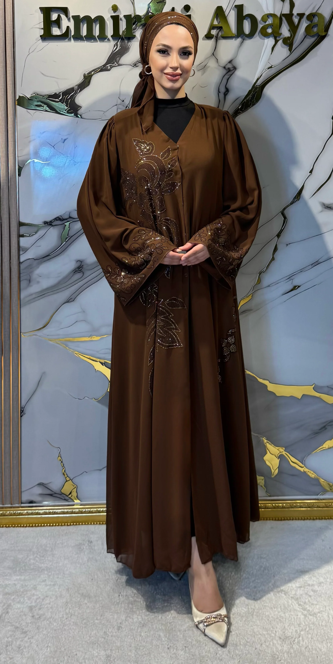Brown Chiffon Abaya with Gold Stone Embellished Floral Pattern and Button Front Closure | TM70 GS BROWN