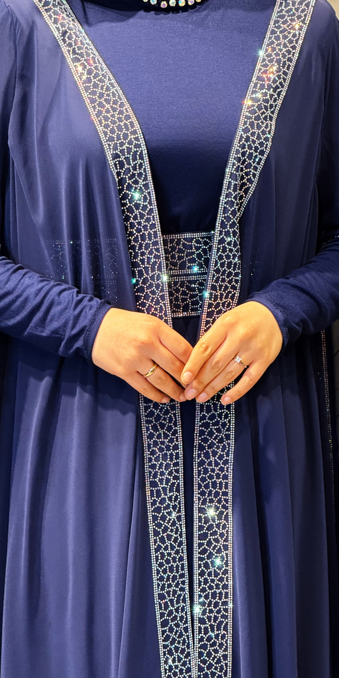 Traditional Navy Blue Chiffon Abaya Set with Shimmering Stone Trim WS49 JS BLUE