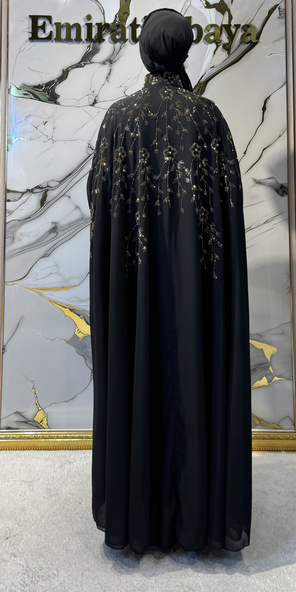 Kolsuz Şifon Abaya Gold Çiçek Taş İşlemeli | LY44 GSB