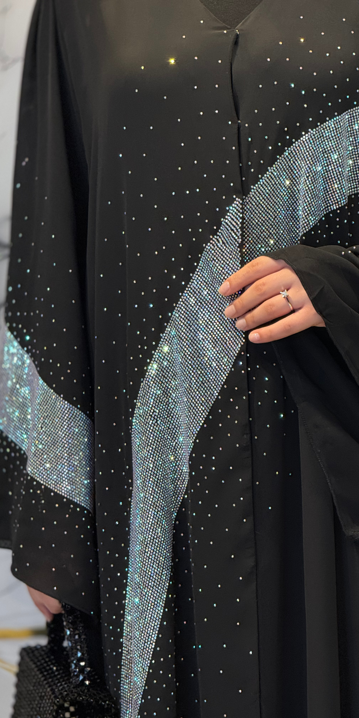 Çapraz Janjan Taşlı Siyah Şifon Abaya | Işıltılı Düğün Abayası TM35 JSDB