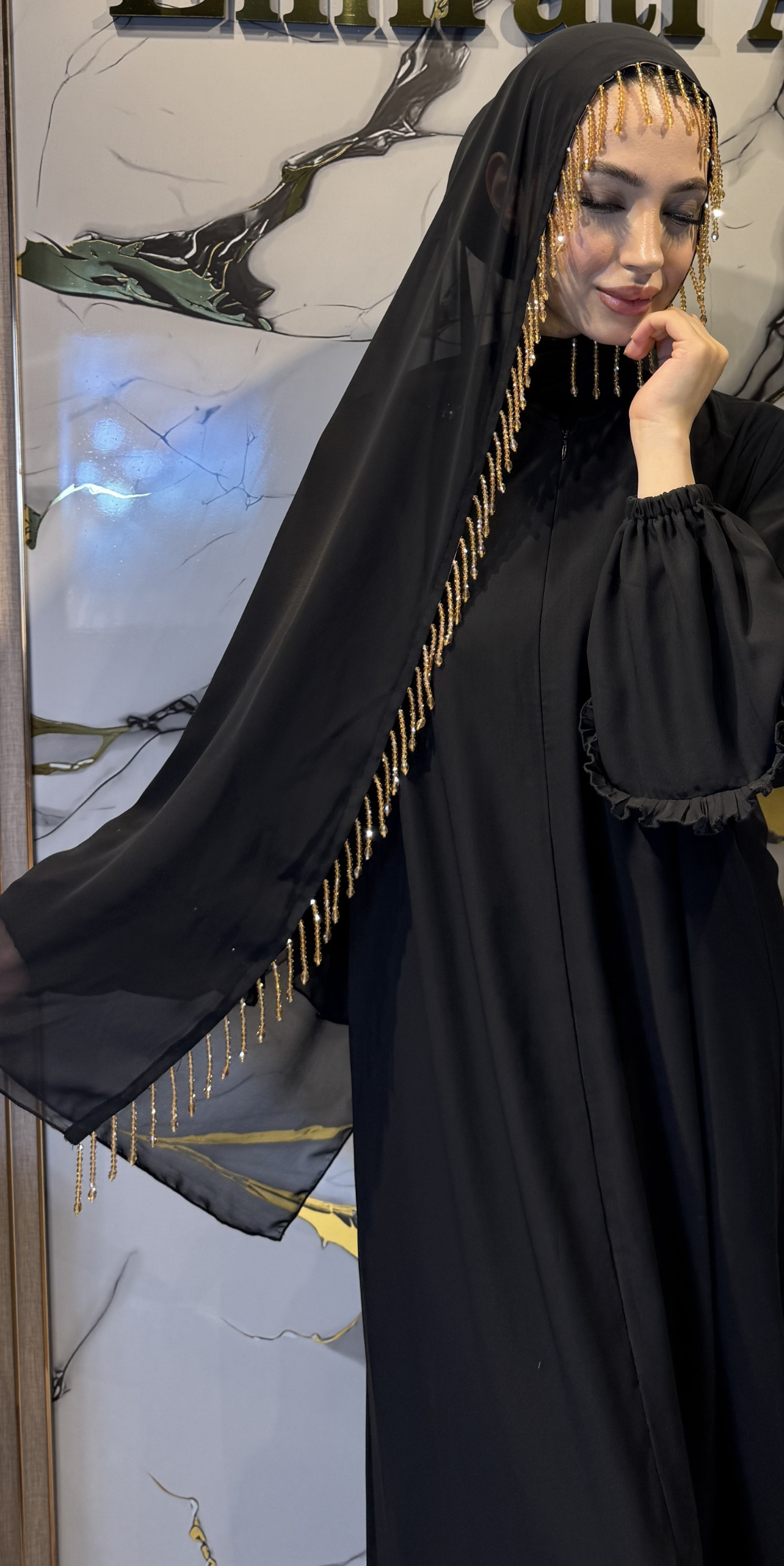 Siyah Kore Şifon Altın Taşlı Şal 180x75cm SAL18 BSB - Premium Zarif Model