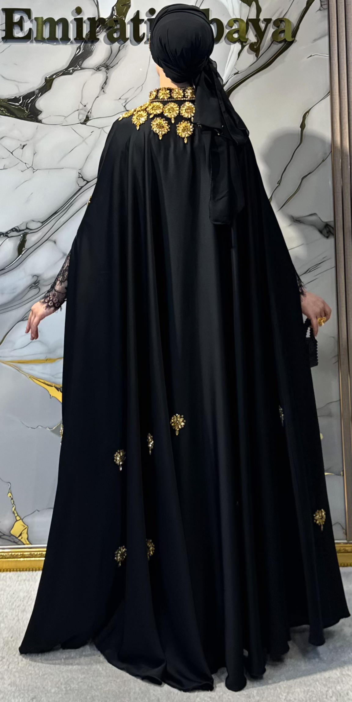 El Yapımı Gold Çiçek Taşlı Siyah Dubai Abaya | EF0011 GSB