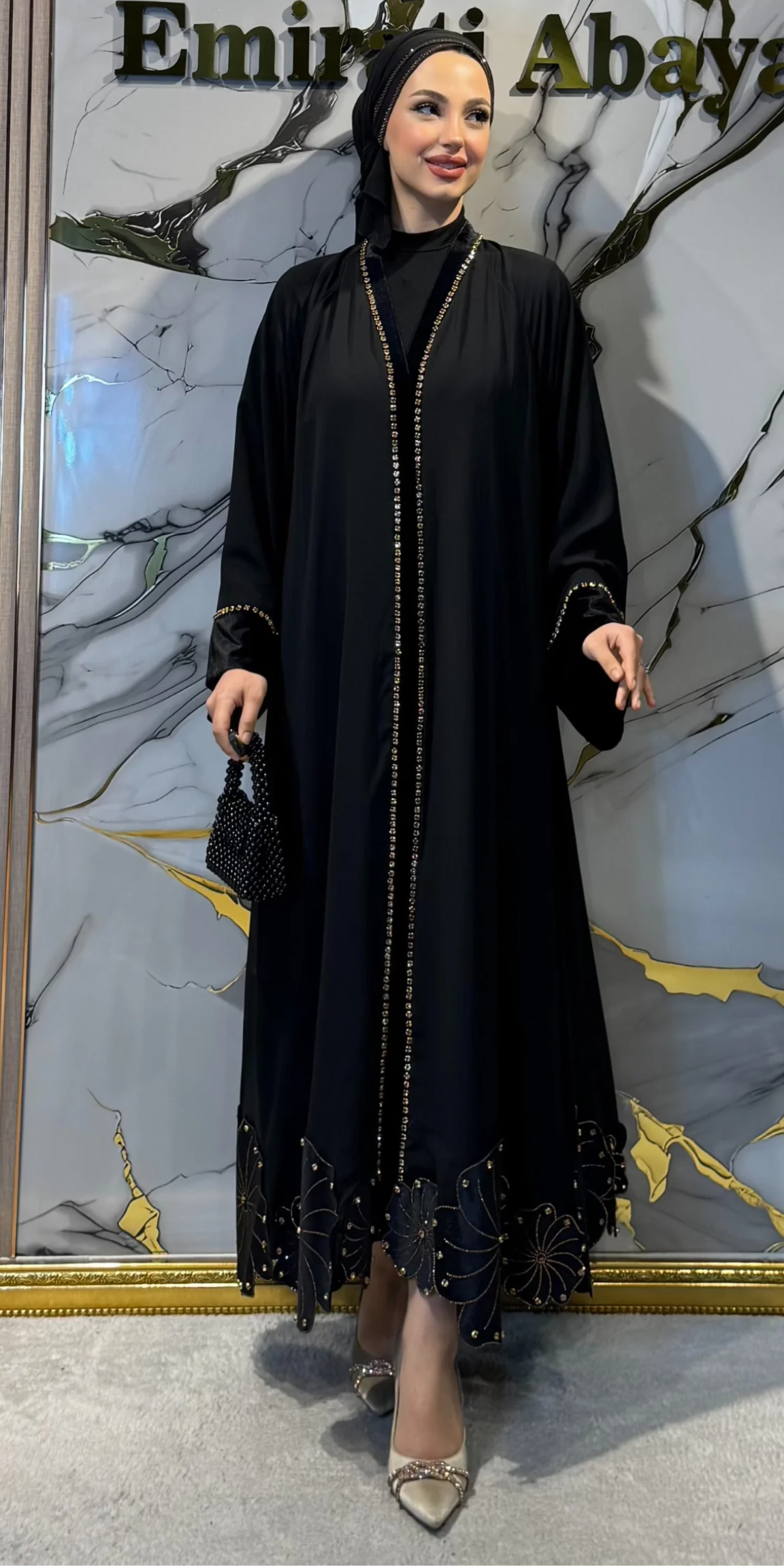 Chiffon and Velvet Combination Floral Patterned Abaya with Gold Stones | WS60 GSB