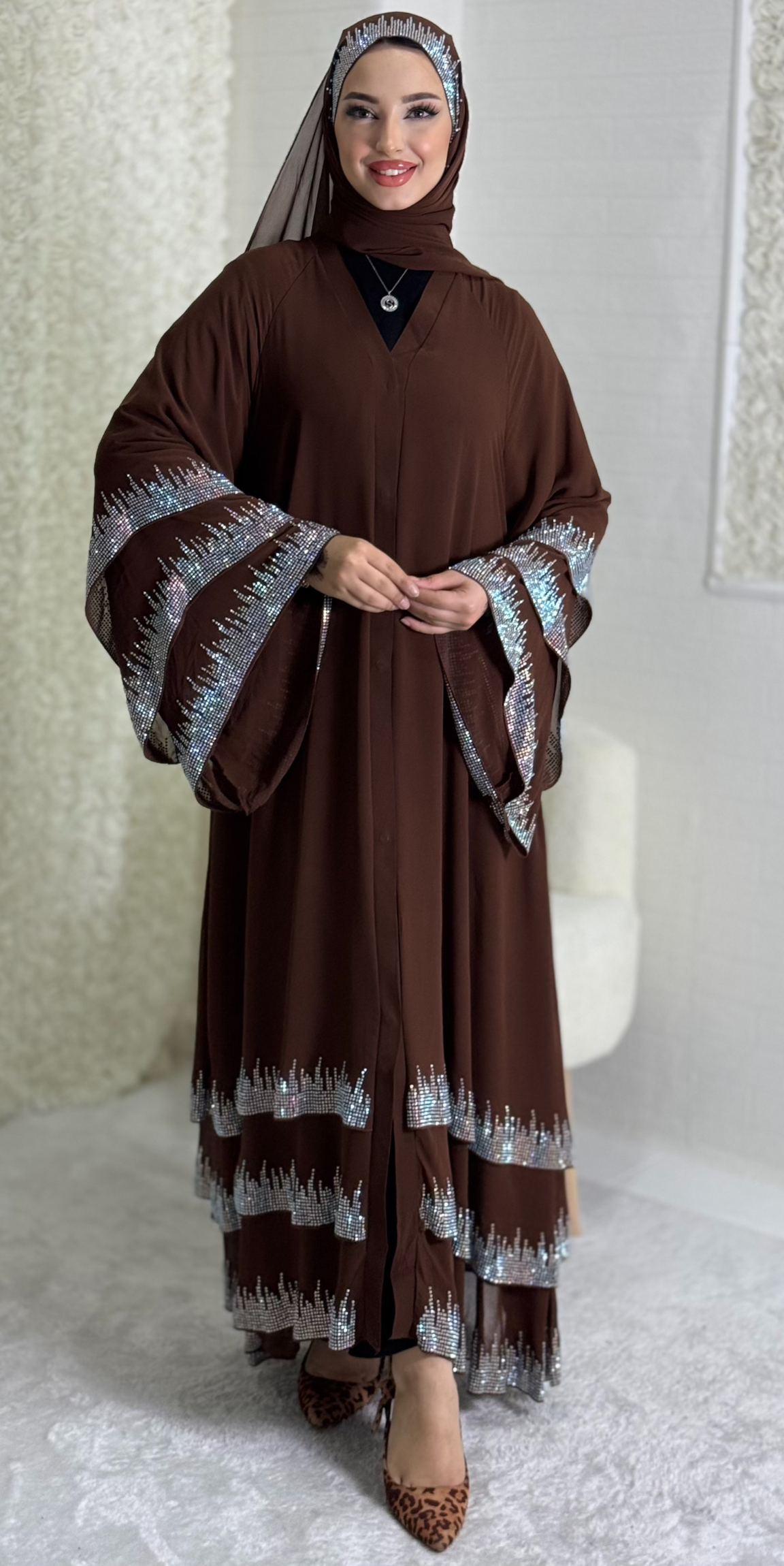 Brown Three-Layer Abaya Embellished with Swarovski Stones