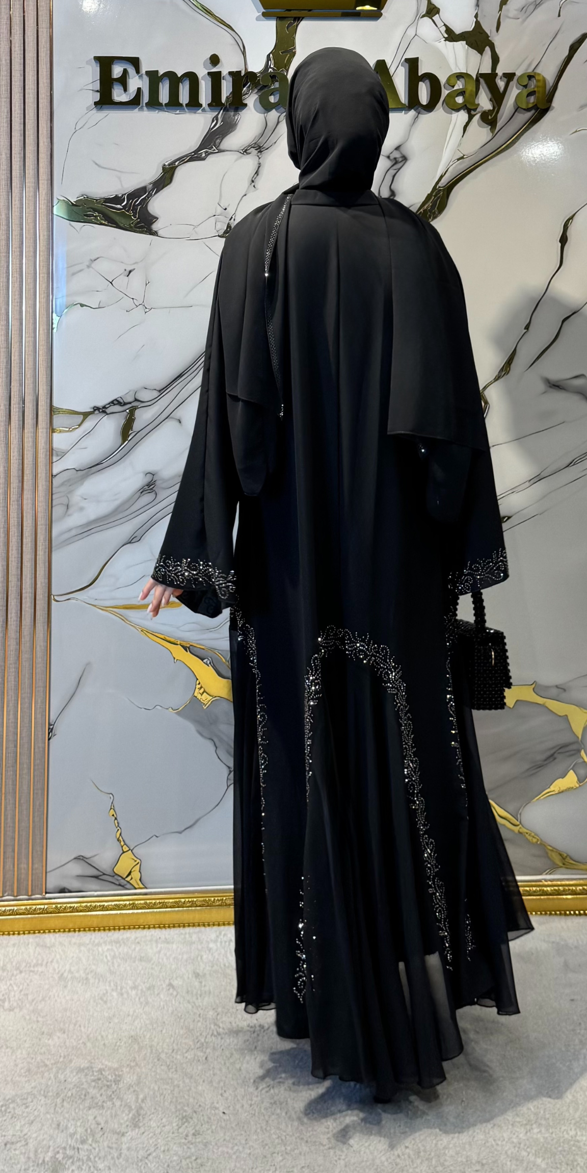 Hematit Taş Desenli Siyah Şifon Abaya Kristal Desen | TM104 HSB