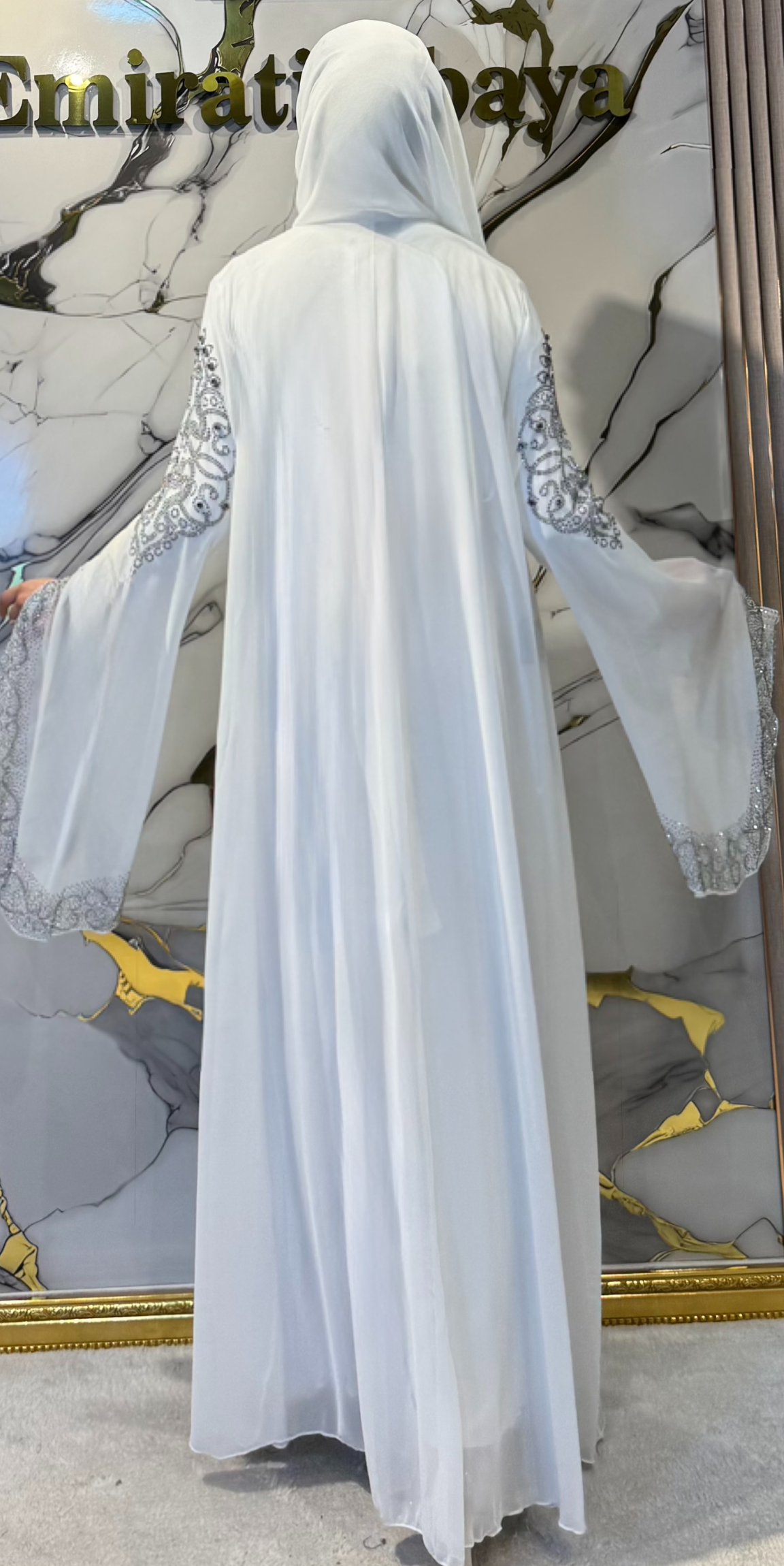 Traditional White Abaya Set with Hematite Stones WS57 HSW - Premium Set Including Shawl