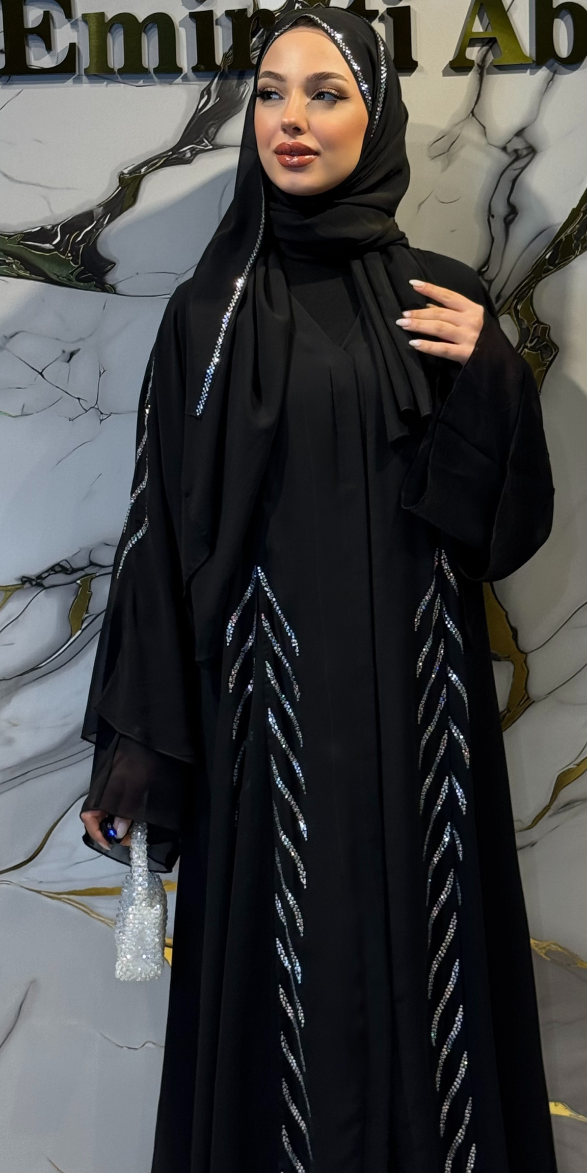 Önü Yırtmaçlı Swarovski Taşlı Siyah Abaya - Şifon Zarif Model TM06 TICK WSB