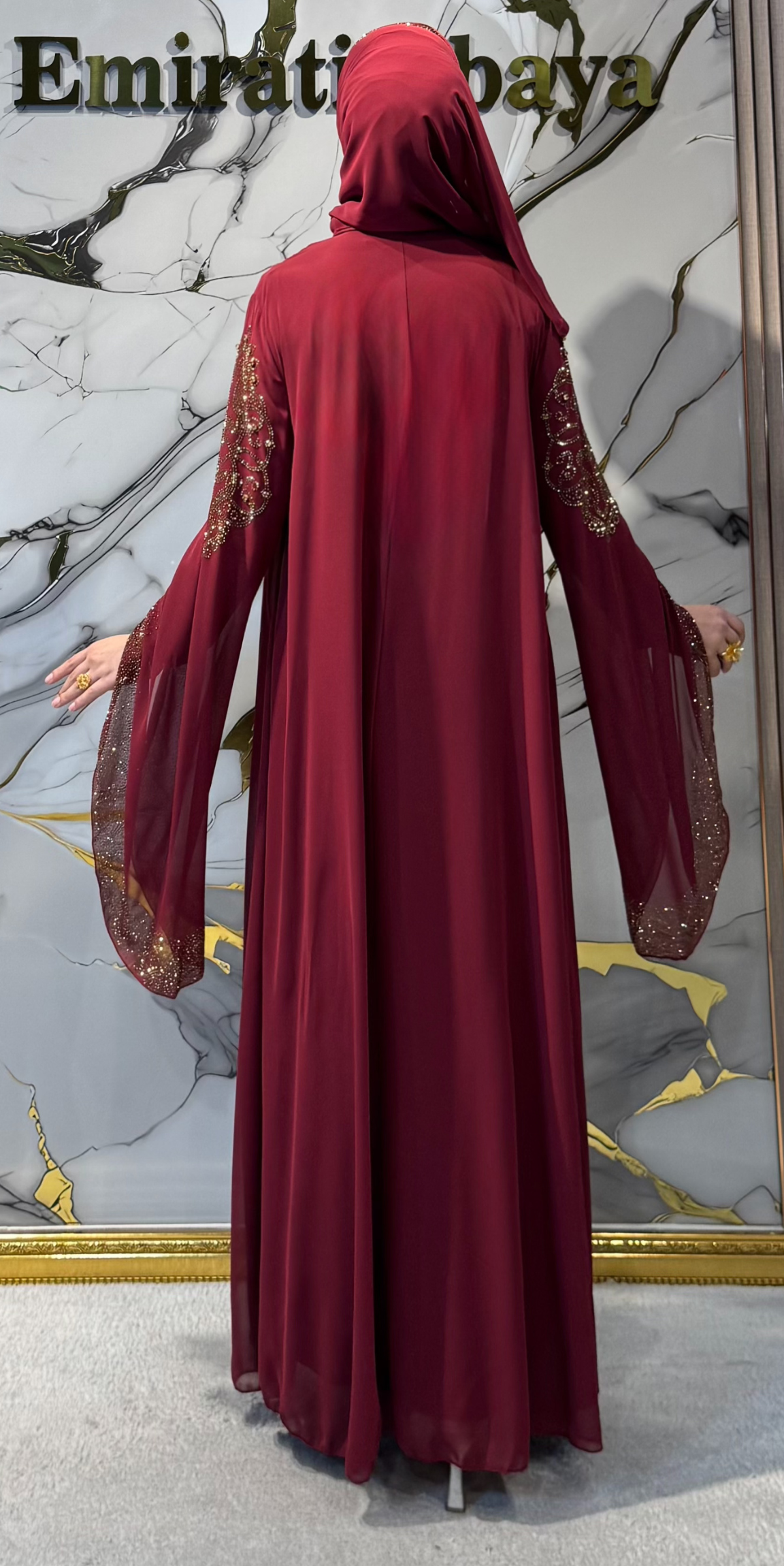 Premium Bordo Yöresel Abaya Takımı WS57 GS BORDO - 4 Parça Lüks Set (Altın Taşlı Kemer, Şal ve Sandy İçlik Dahil)