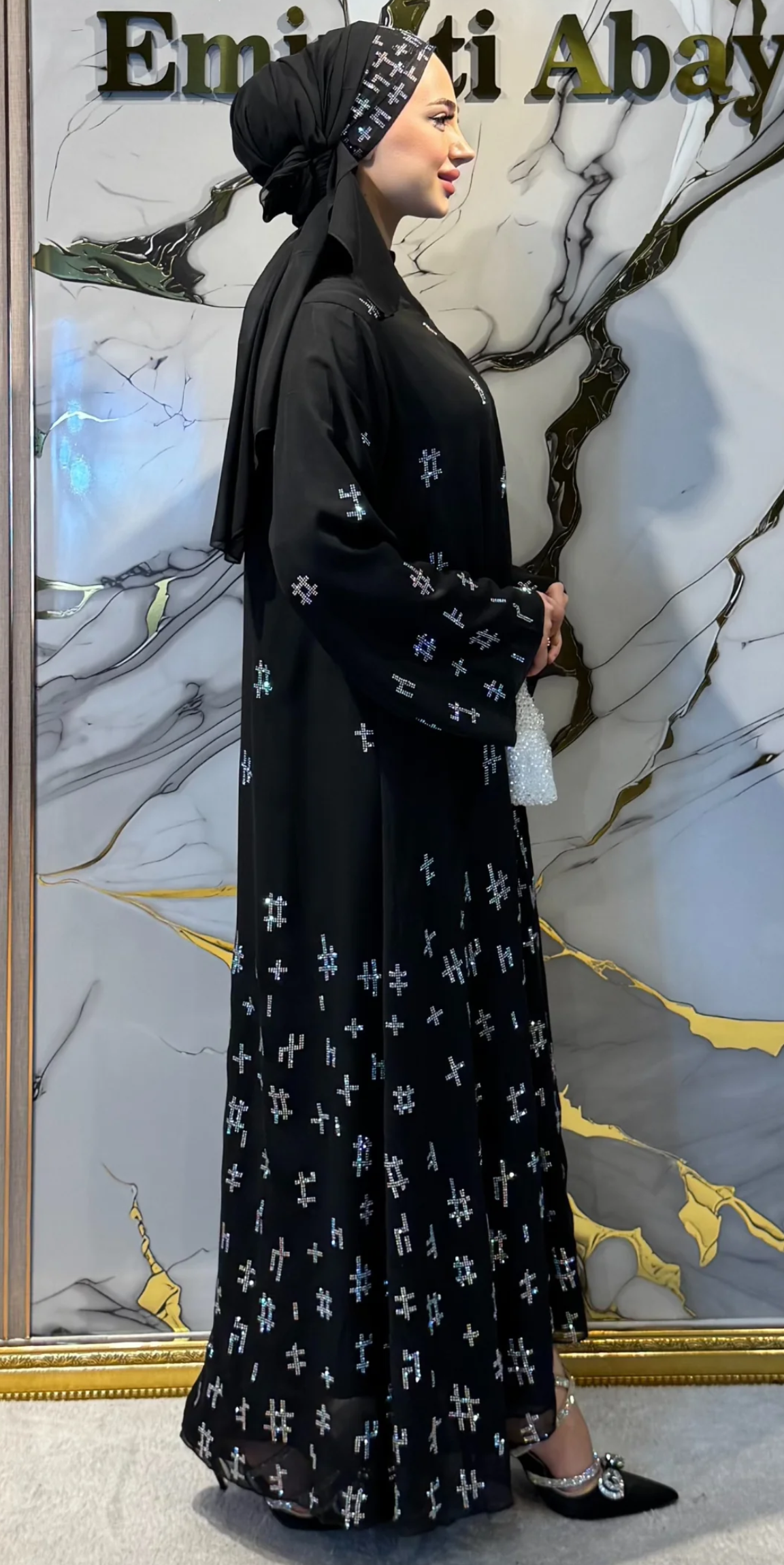 Janjan Geometrik Taş Detaylı Siyah Şifon Abaya | TM53 JSB
