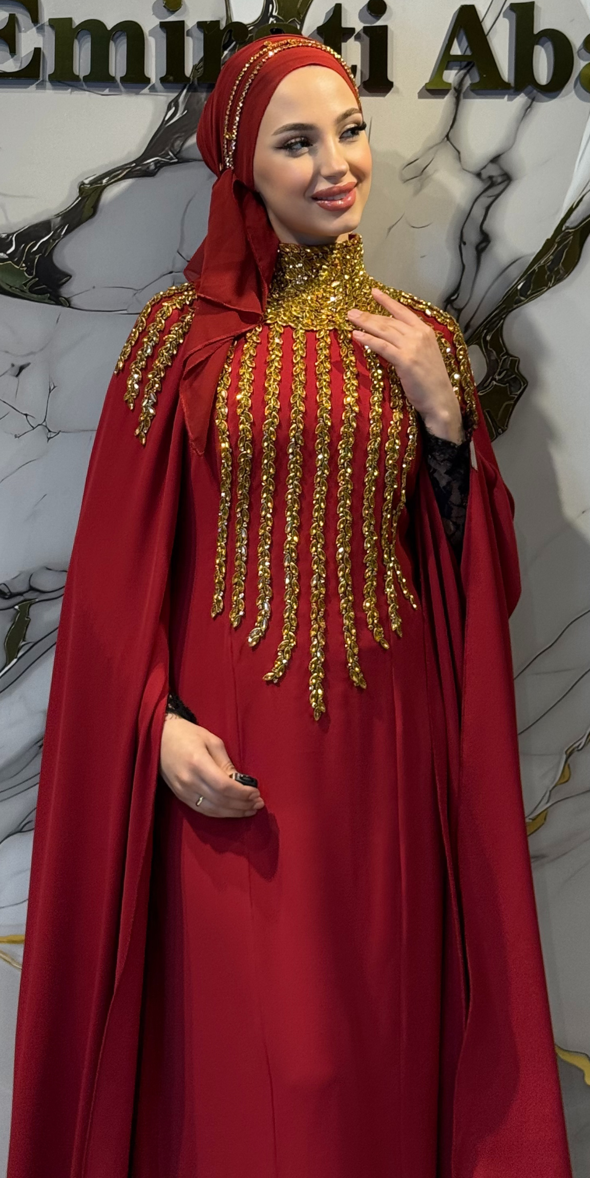 Handmade Gold Embellished Burgundy Dubai Fabric Abaya | Ef0019 GSD Bordo
