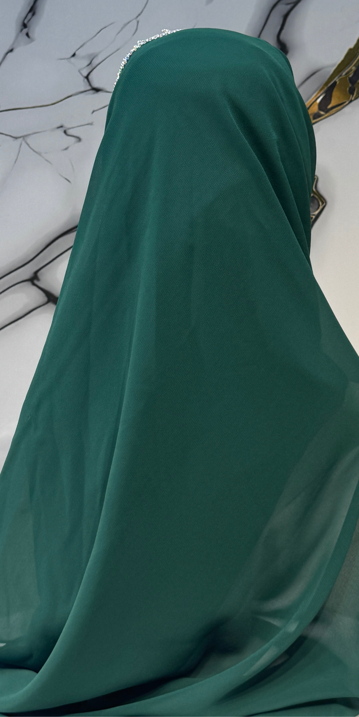 Sarkıt Püsküllü Beyaz Taşlı Yeşil Şifon Şal Emirati Abaya | ŞAL10 WSGREEN