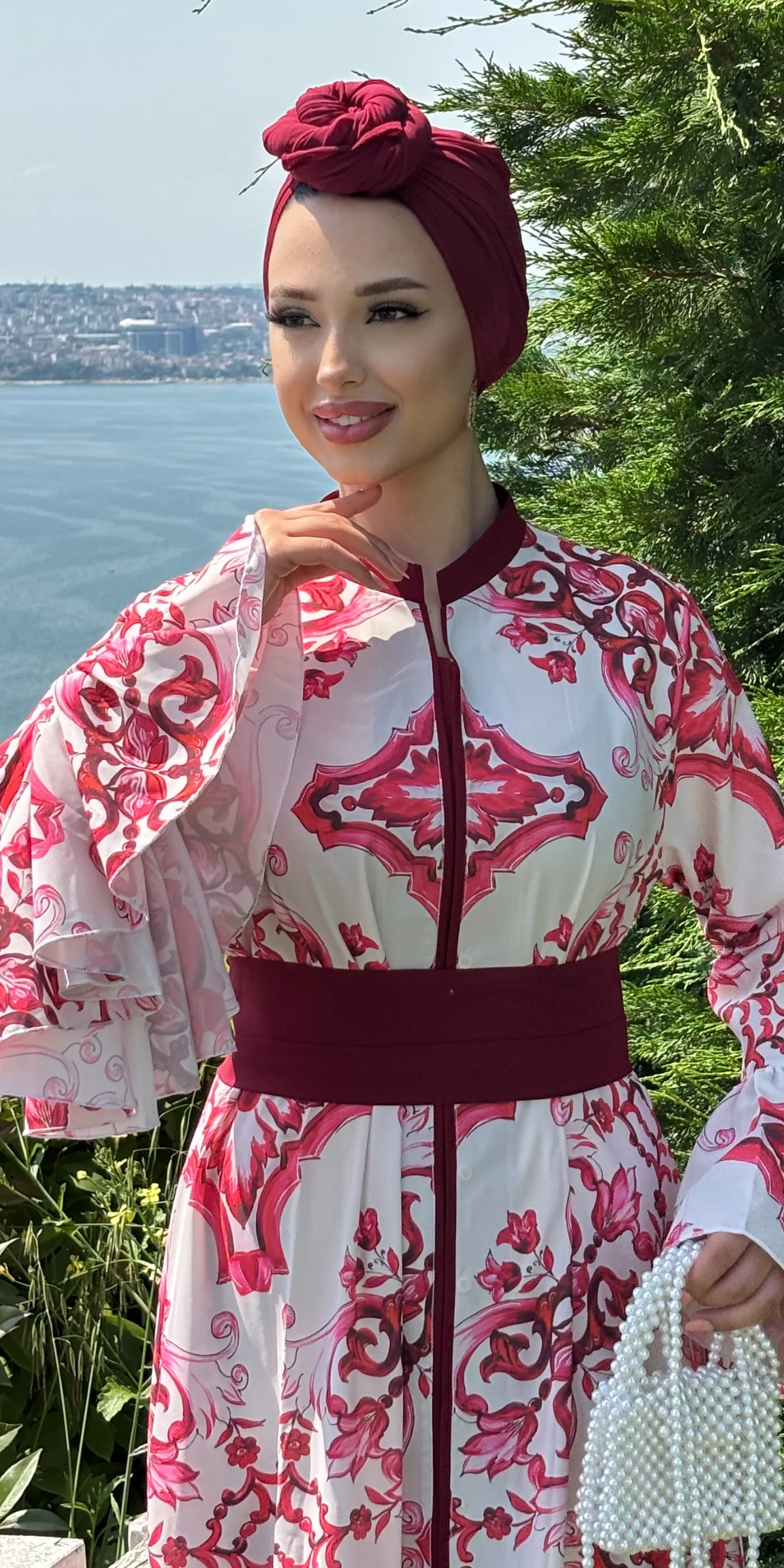 White and Burgundy Patterned Dubai Fabric Suit Set Including Belt | WS80 BURGUNDY