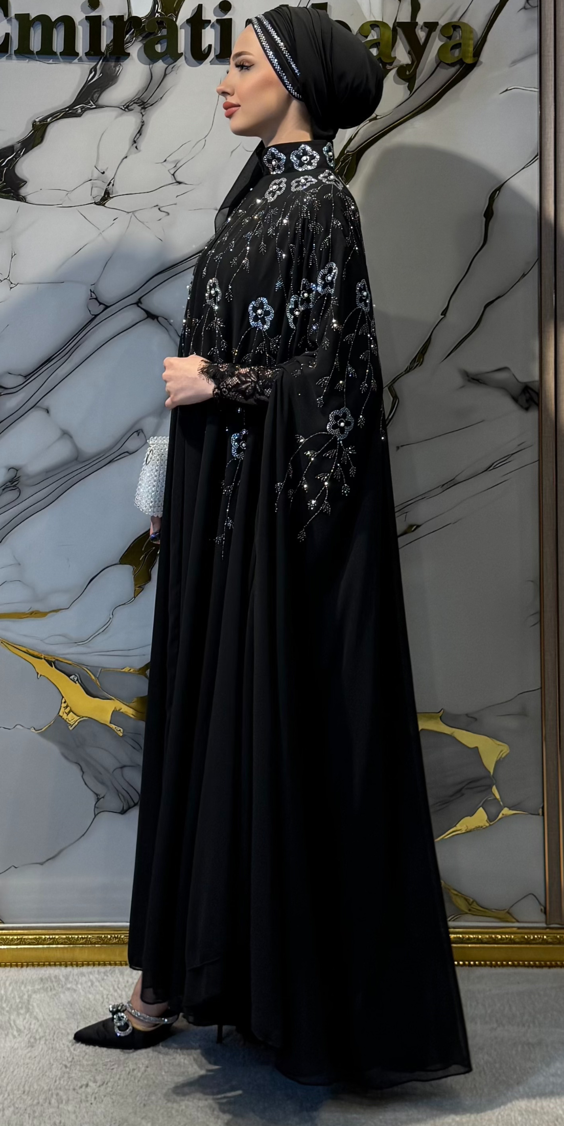 Black Korean Chiffon Abaya LY44 WSB with Hematite and Swarovski Crystals - 3-Piece Luxury Set (Includes Shawl and Undershirt)