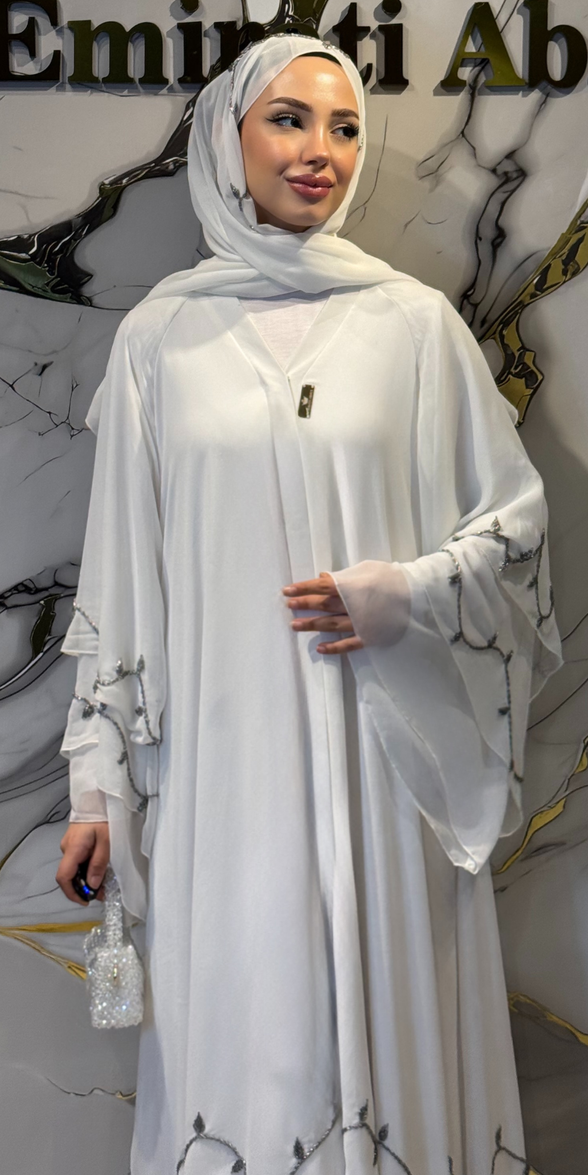 Hematit Taşlı 3 Katlı Beyaz Şifon Abaya – Şallı Takım | M1 HS WHITE