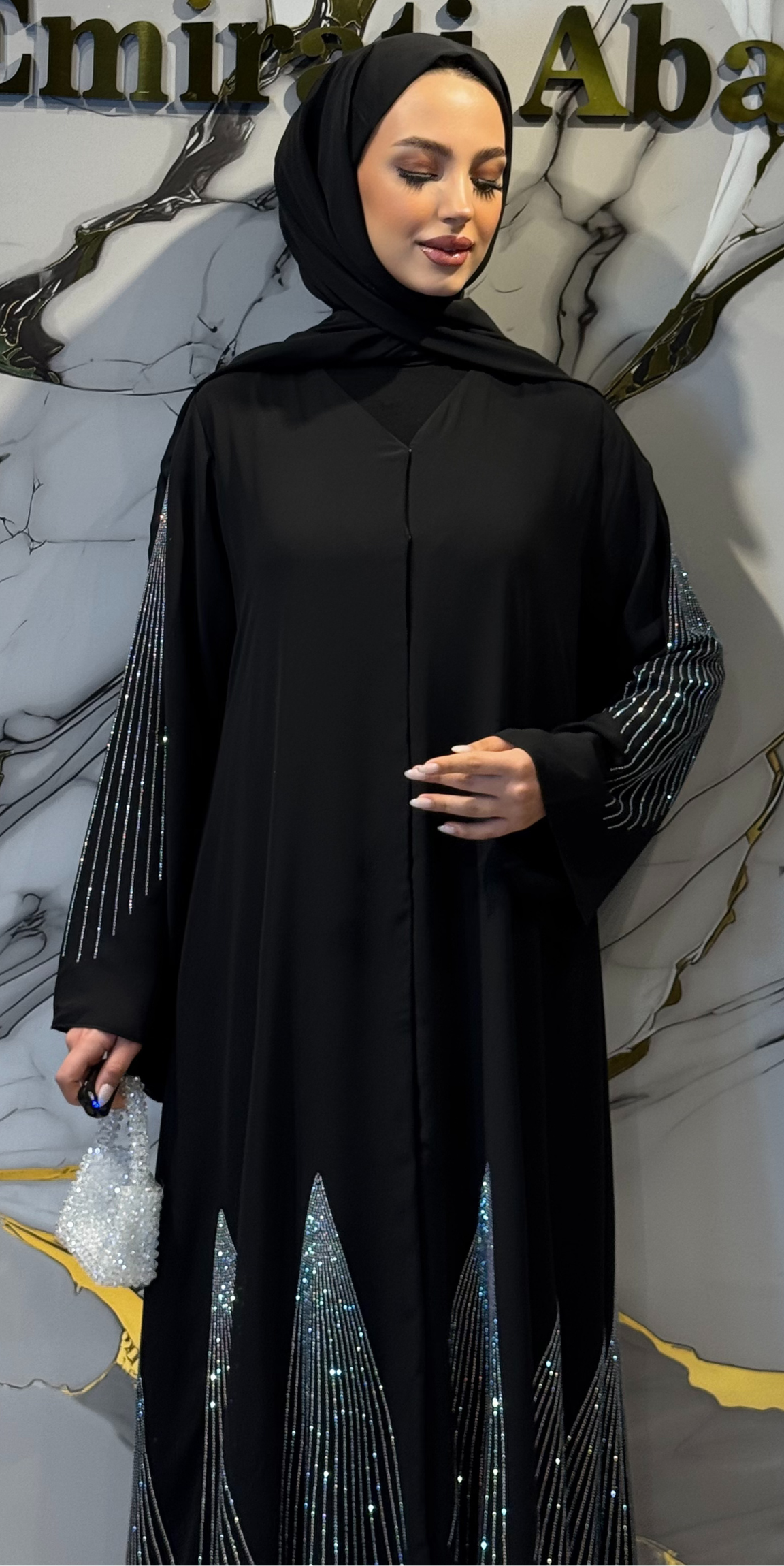 Black Abaya with Swarovski Crystal Skirt TM55 WSSB