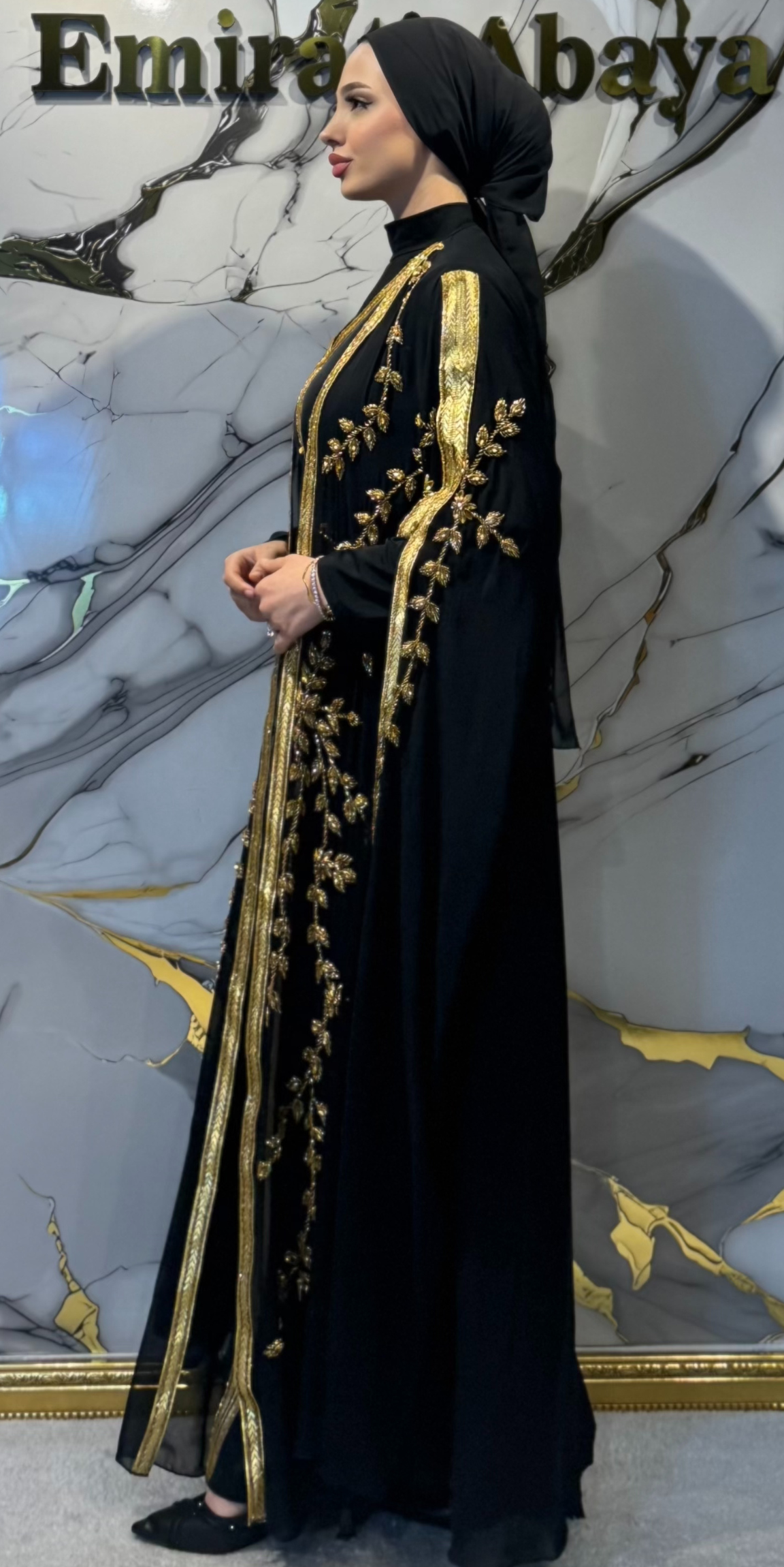 El İşlemeli Gold Yaprak Detaylı Uzun Kollu Abaya Takımı 4 Parça Set EF001 GSB