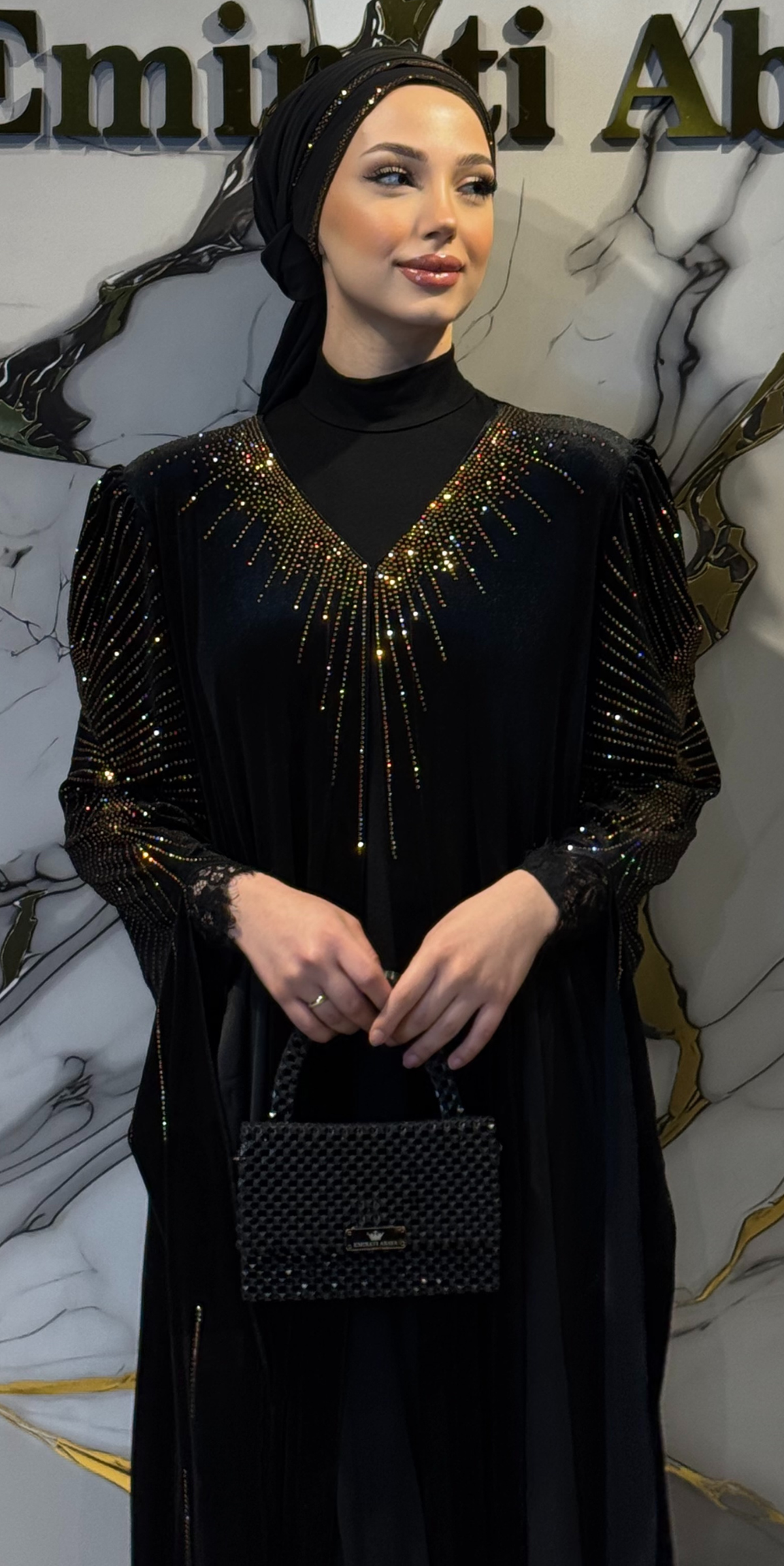 Black Velvet Evening Dress with Gold Embellishments - Long Sleeved, Sparkling Model TM82 GSVB