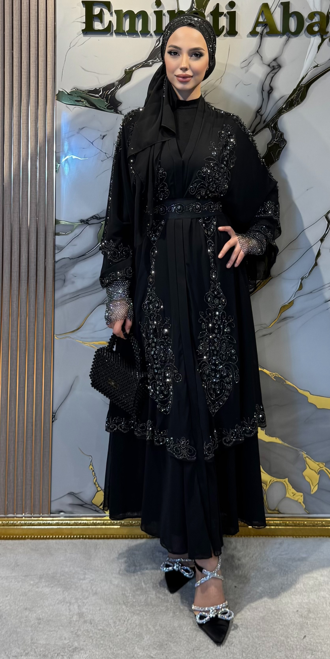 Lüks Çift Katlı Şifon Hematit Taş İşlemeli Abaya LY14 HSB