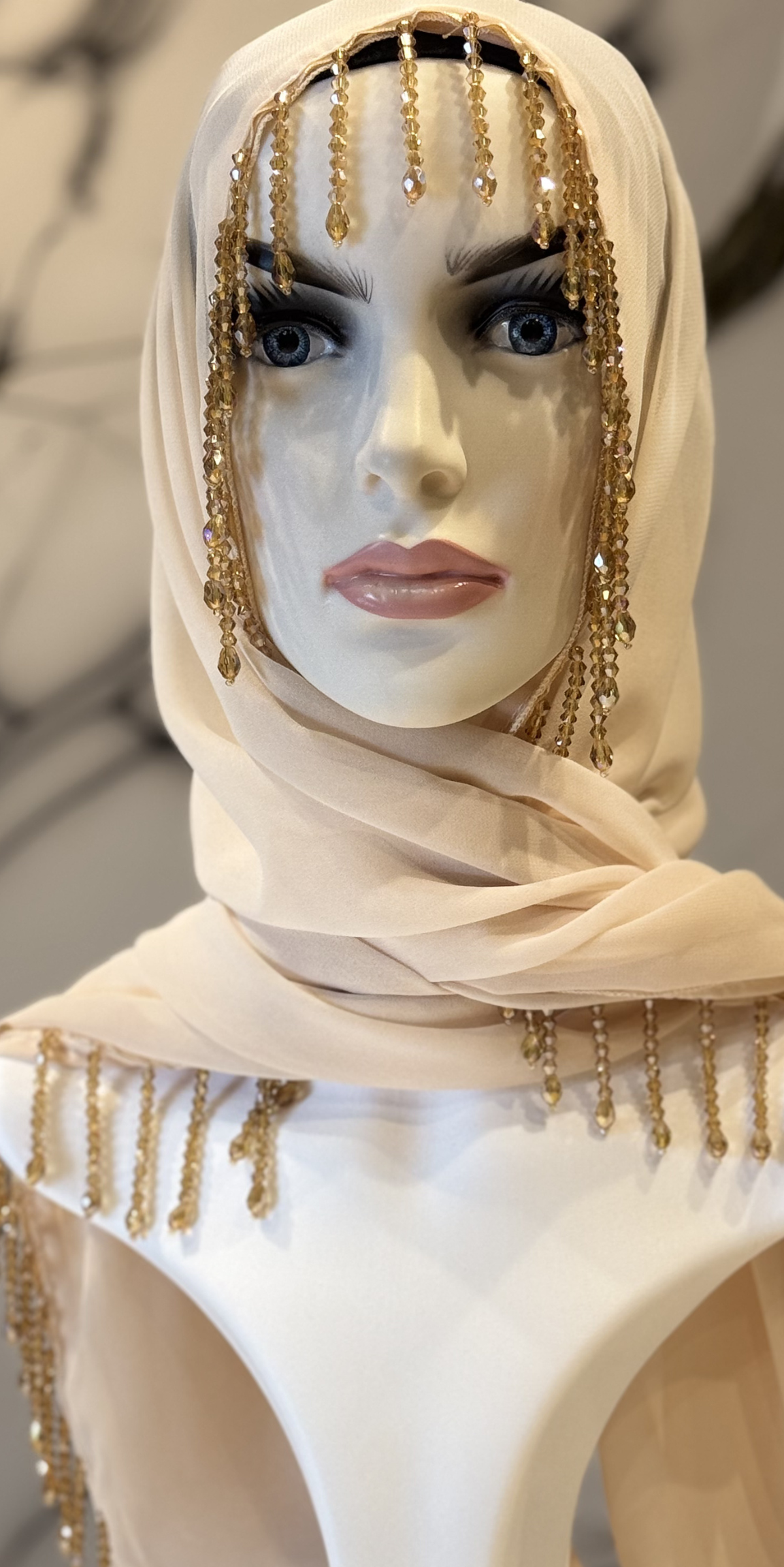 Cream Chiffon Scarf with Tassels and Gold Stones, Face Frame with Tassel Detail | SAL18 GSKREM