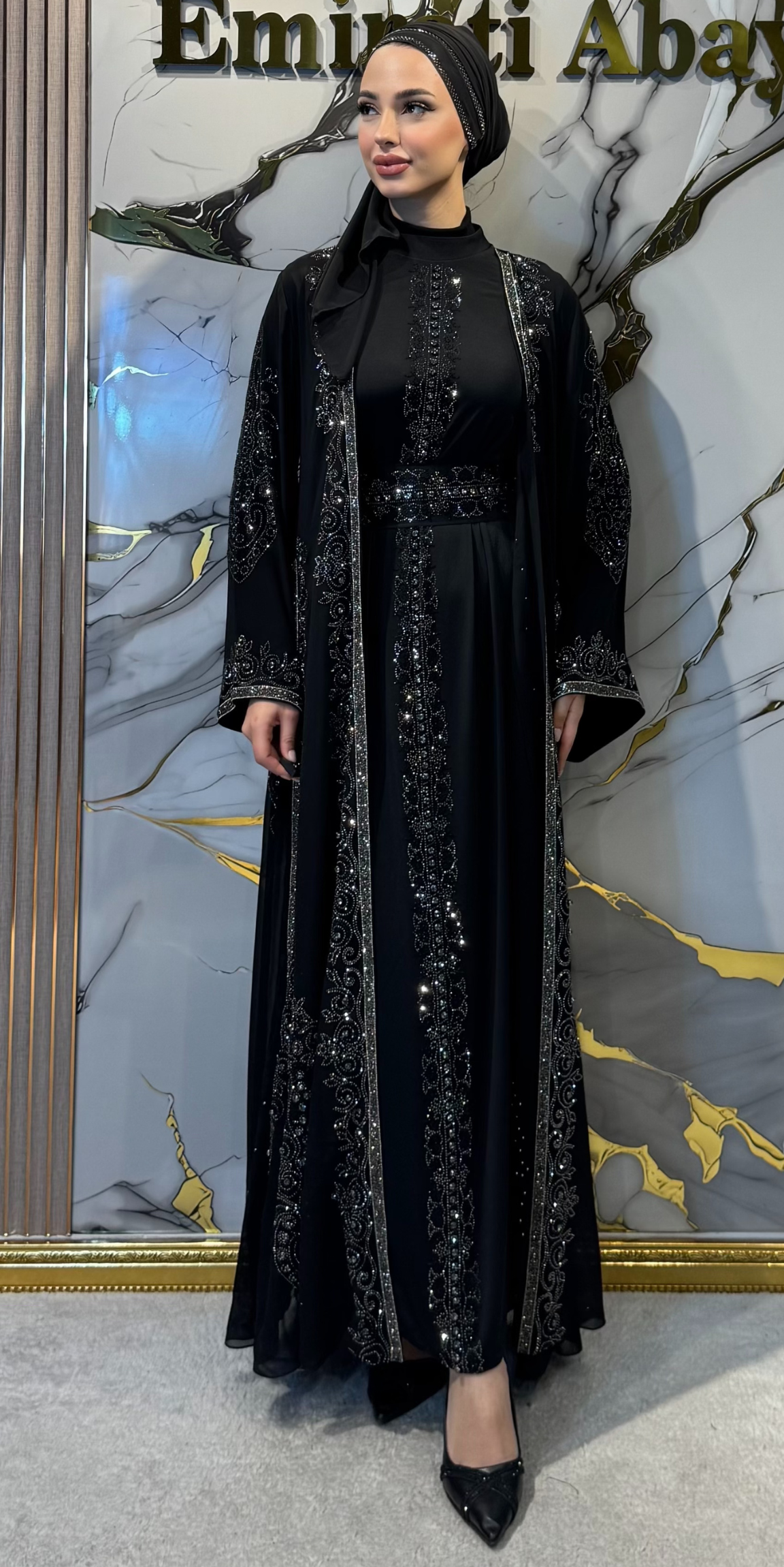 Black Korean Chiffon Traditional Abaya with Hematite and Swarovski Crystals