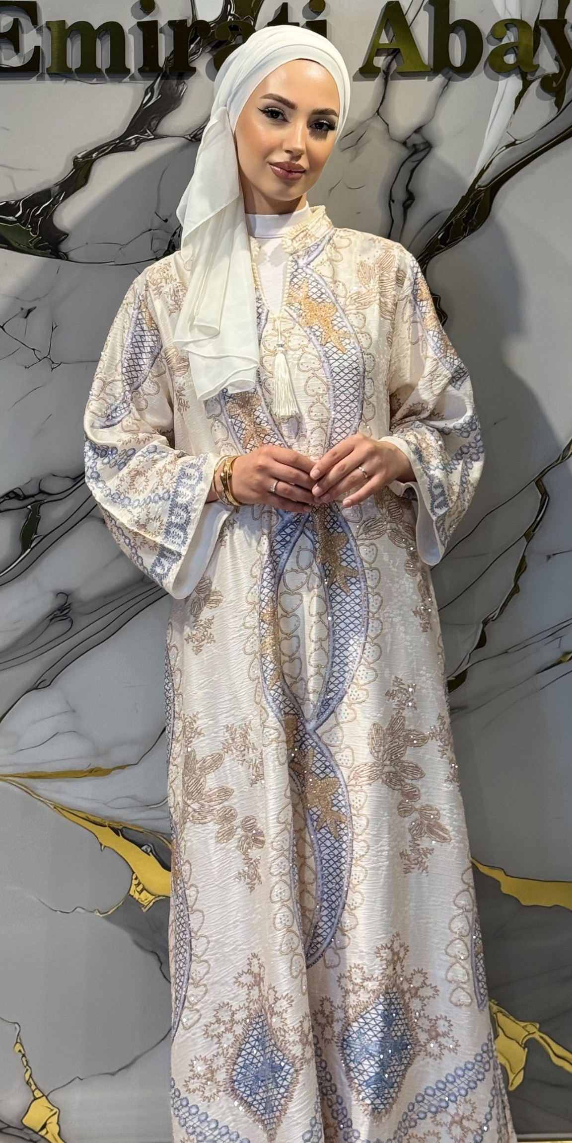 Arabesk Çiçek Baskılı Krem Jakar Günlük Abaya | KSA06 KREM